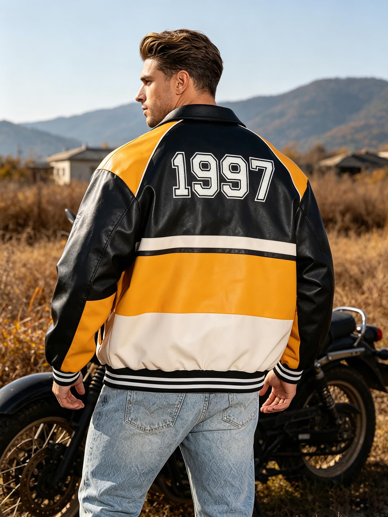 RAOENJADO Men's Racing Jacket Faux Leather Race Car Motorcycle Biker Style