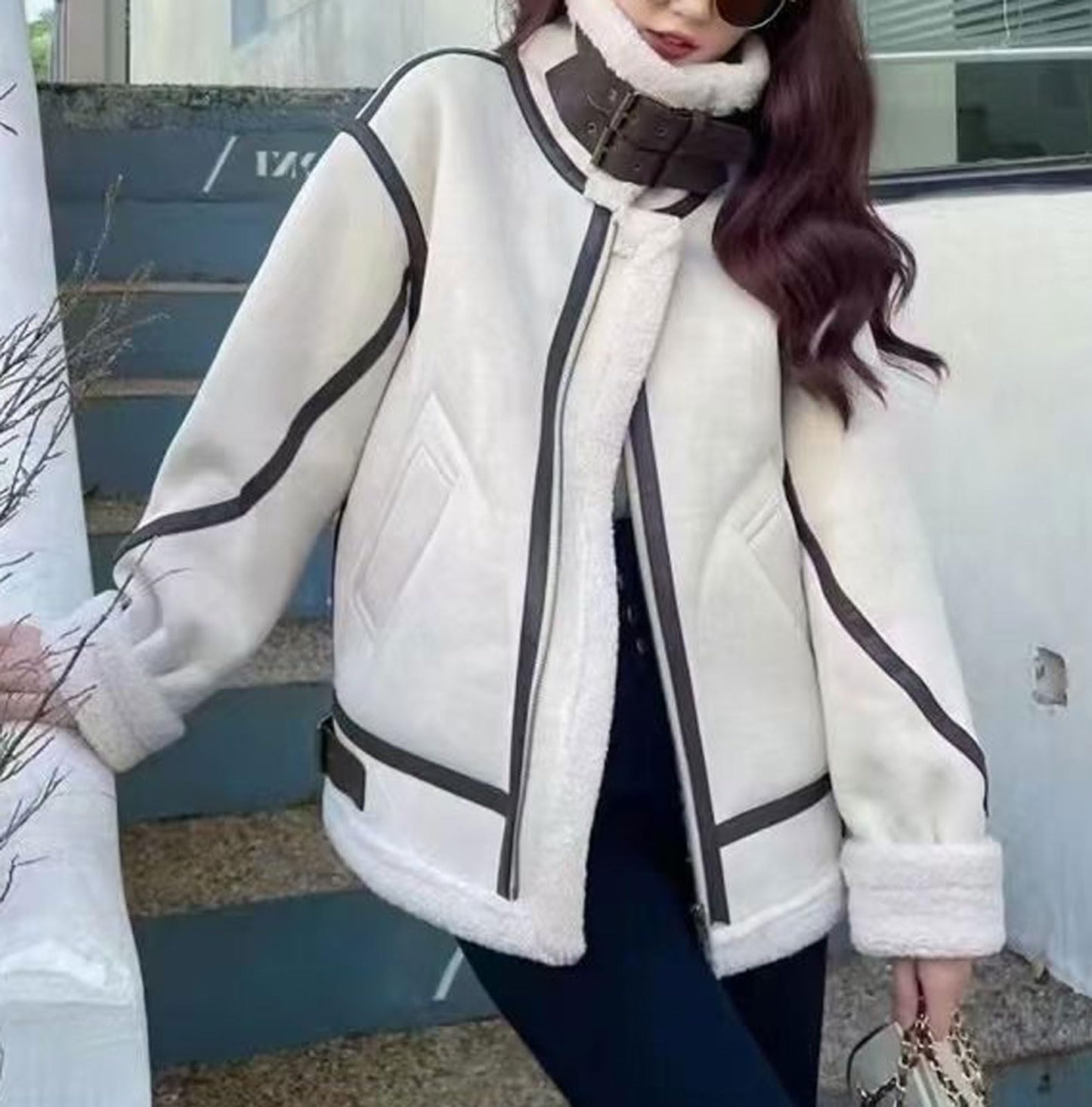 loveimgs Women Oversized Faux Suede Moto Jacket Sherpa Fleece Lined Leather Jacket Aviator Shearling Fur Coat Overcoat (Large, Off white)