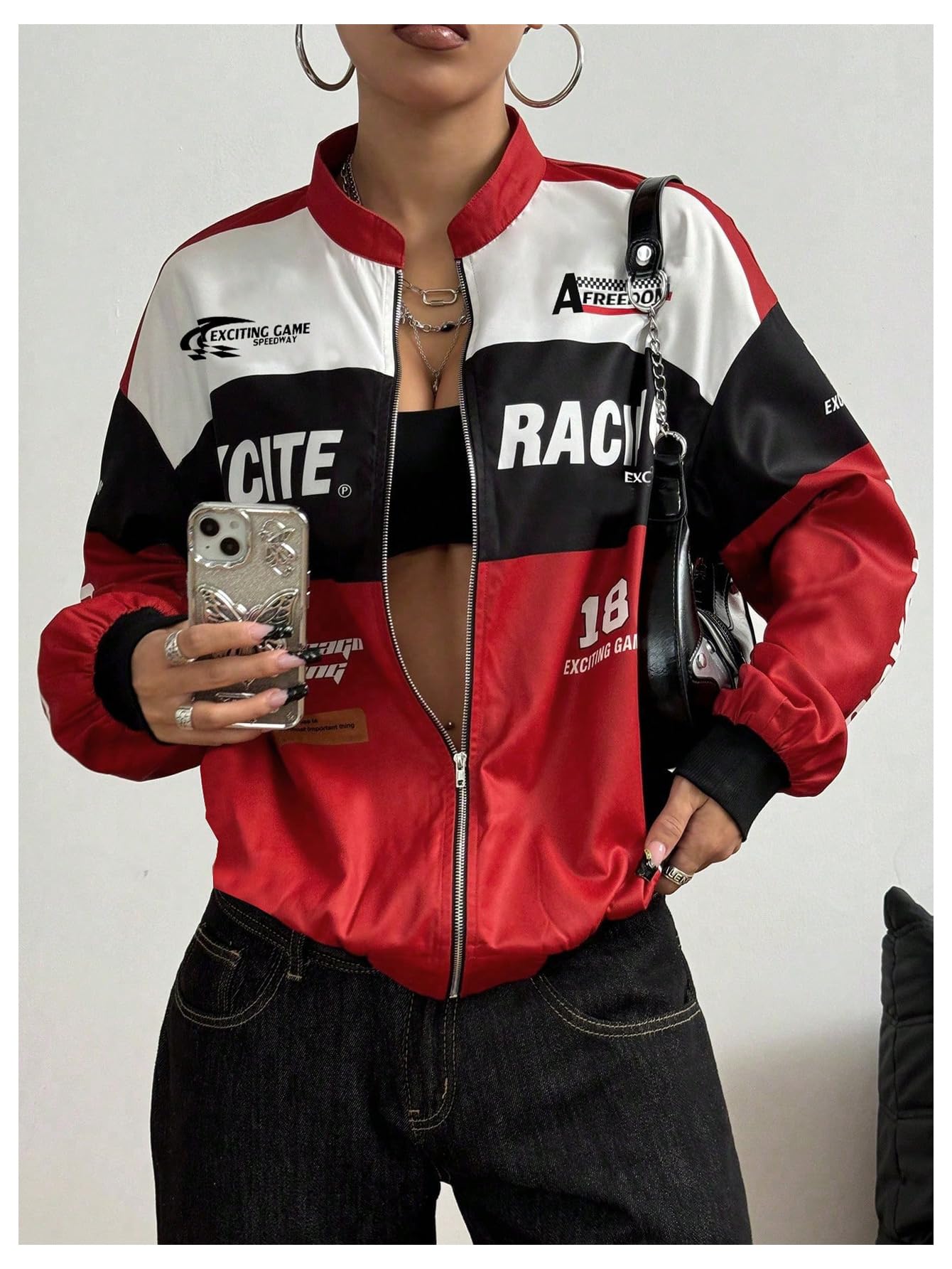 GORGLITTER Women's Race Car F1 Motorcycle Jacket Y2k Racing Outfits