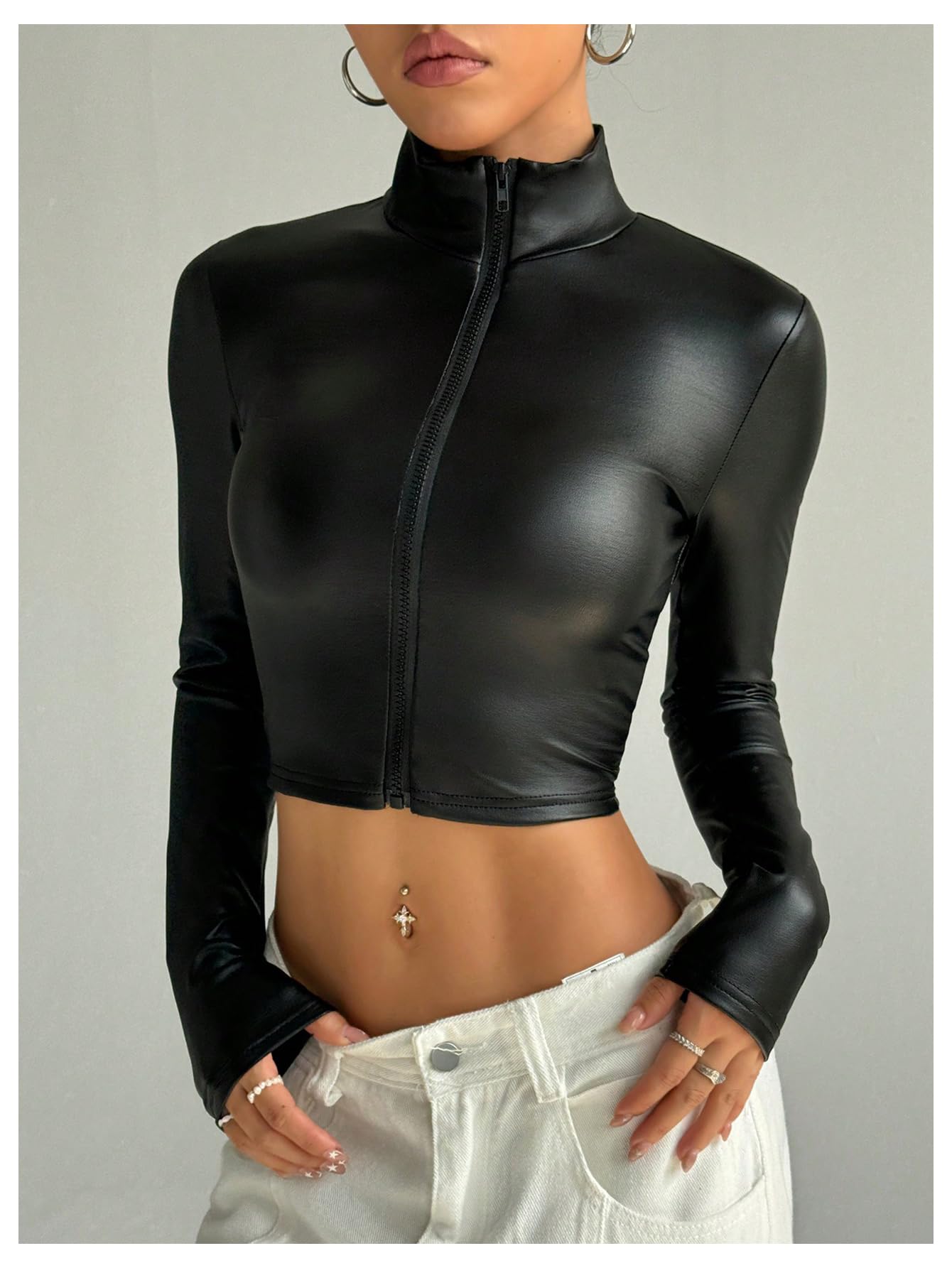 SOLY HUX Women's Faux Leather Zip Up Long Sleeve Fitted Crop Jackets Y2k Clothes Streetwear Plain Black Medium