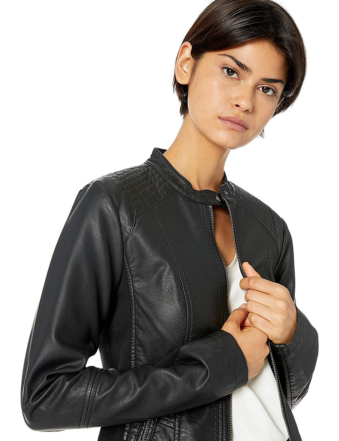 Sebby Collection Women's Faux Leather Jacket with Moto Details and Front Zip Pockets, Black, Medium