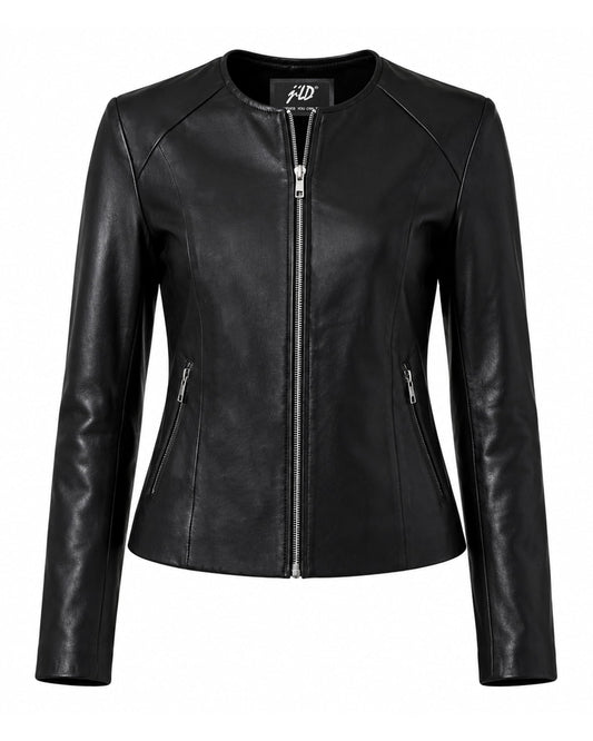 Jild Stylish Collarless Leather Jacket Women – Slim Fit Elegant Style Womens Lightweight Lambskin Leather Jacket (Bas.Wo-Blk-S)