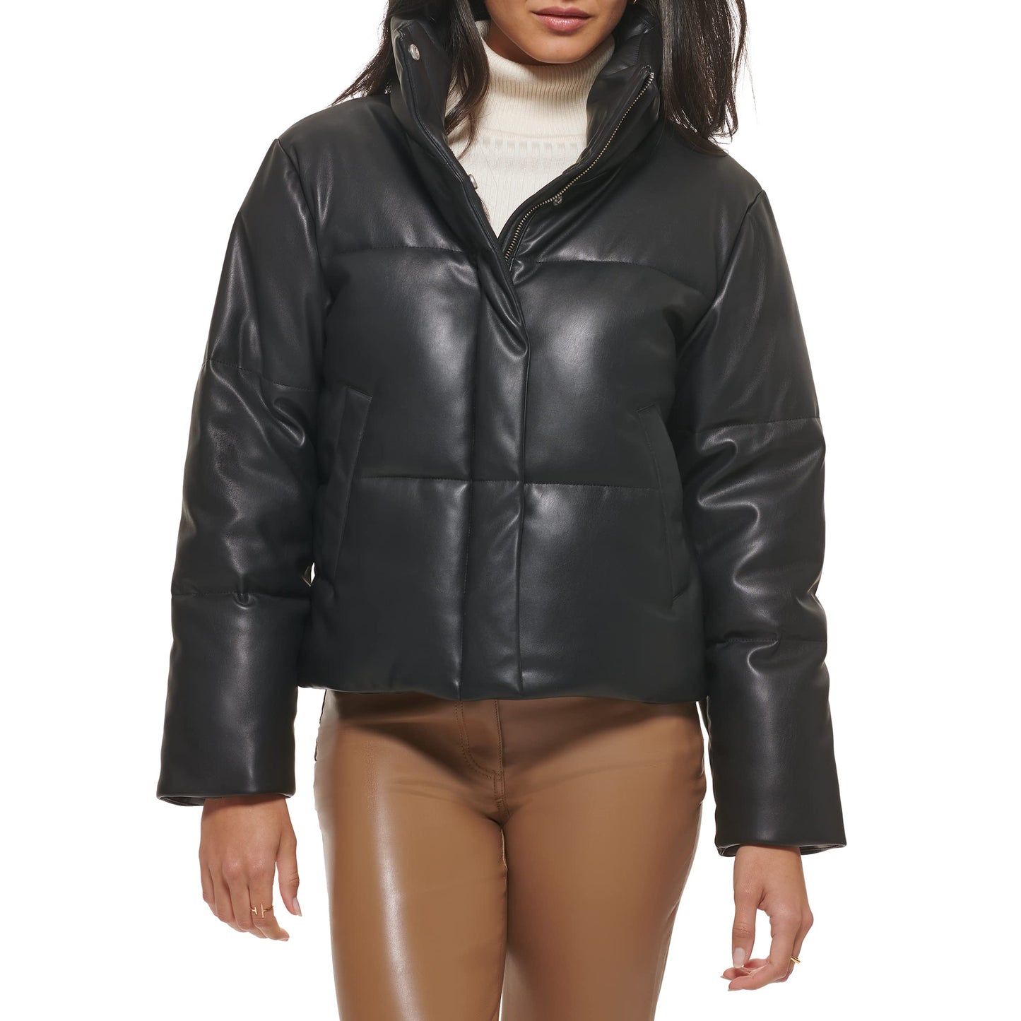 Levi's Women's Vegan Leather Quilted Shorty Puffer, Black, Large