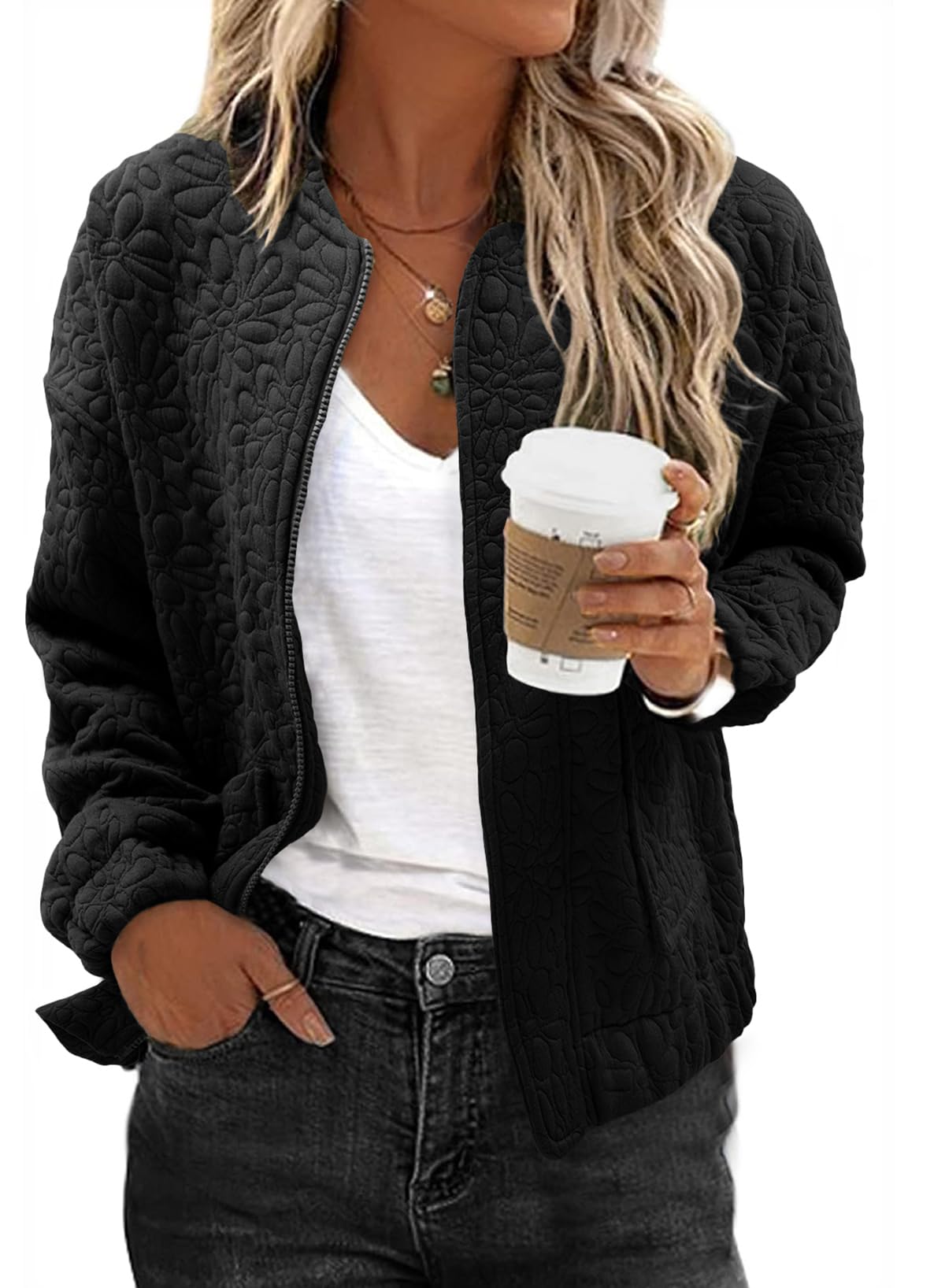 EVALESS Spring Bomber Jacket for Women Dressy Casual Summer Clothes Trendy 2025 Teacher Outfits Cute Jacquard Jackets Long Sleeve Zip Up Cropped Black Jeacket Lightweight Coat with Pockets, Medium