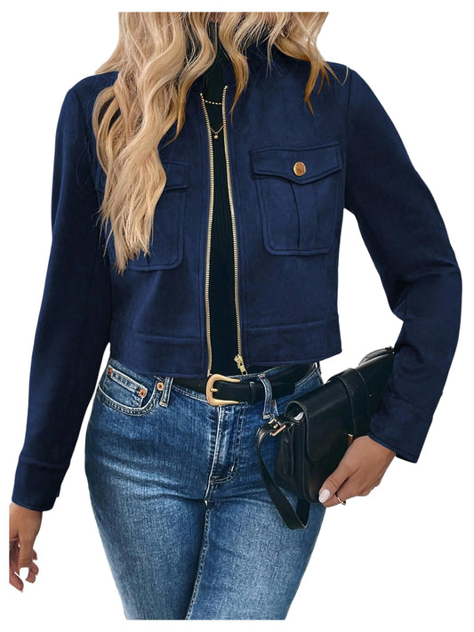 Verdusa Women's Zip Up Crop Spring Jackets Faux Suede Long Sleeve Motorcycle Cargo Jacket with Pockets Dark Blue Large