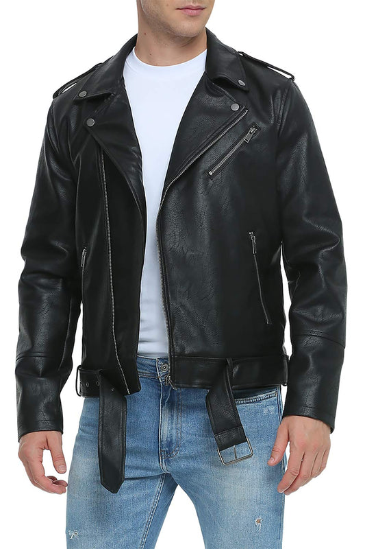 Fahsyee Leather Jackets for Men, Faux Bomber Jacket Mens Motorcycle Lapel Asymmetric Zip-Up Belt Slim Fit Biker Coat Black L