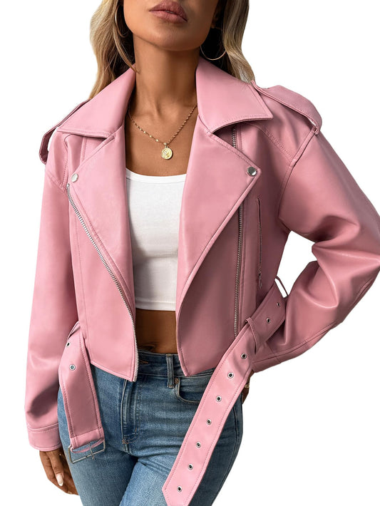 LY VAREY LIN Women Faux Leather Cropped Jacket Vegan Motor Biker Coat with Belt