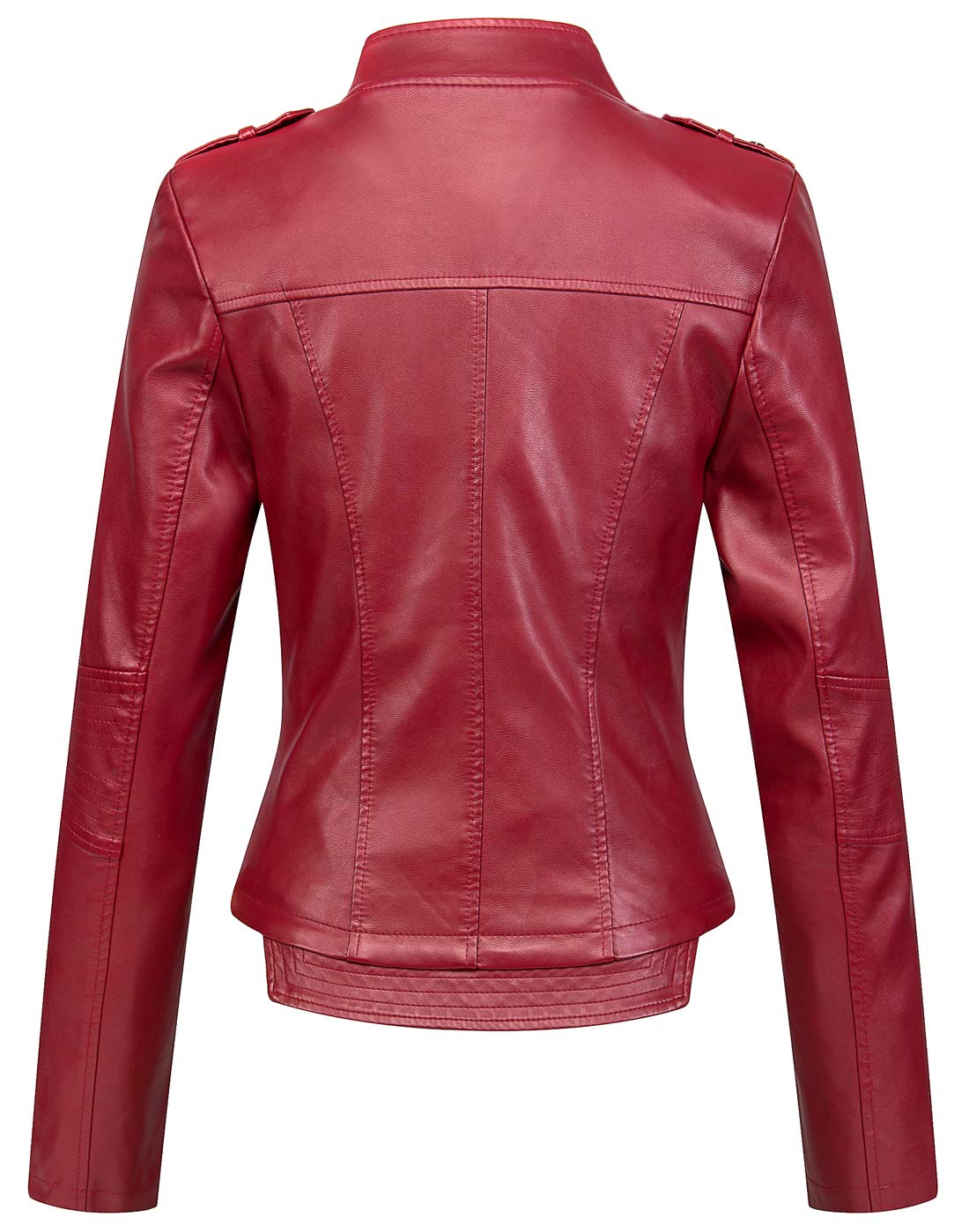 chouyatou Women's Candy Color Asymmetric Zip Slim Faux Leather Cropped Moto Jacket (Medium, Dark Red)
