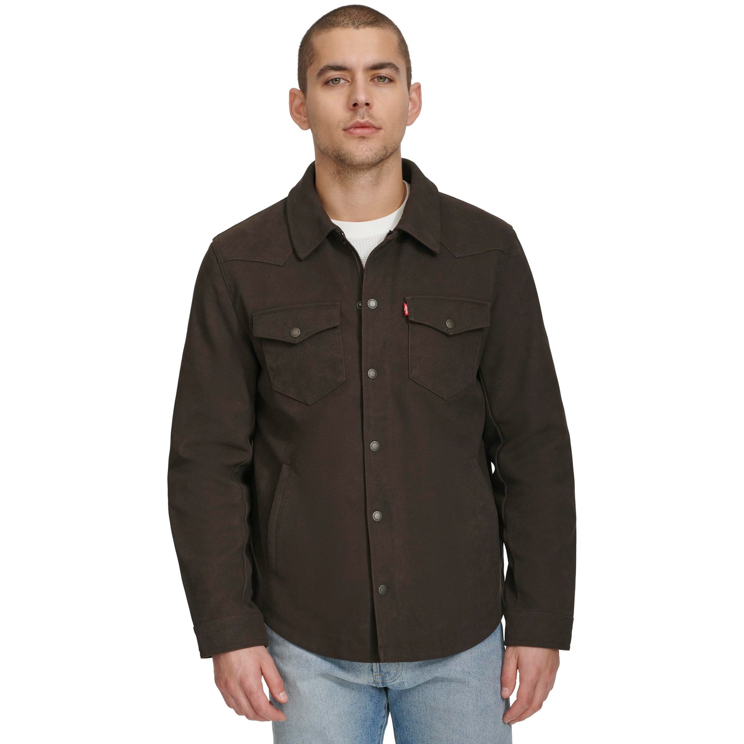 Levi's Men's Leather Shirt Jacket, New Dark Brown Faux Suede, Large