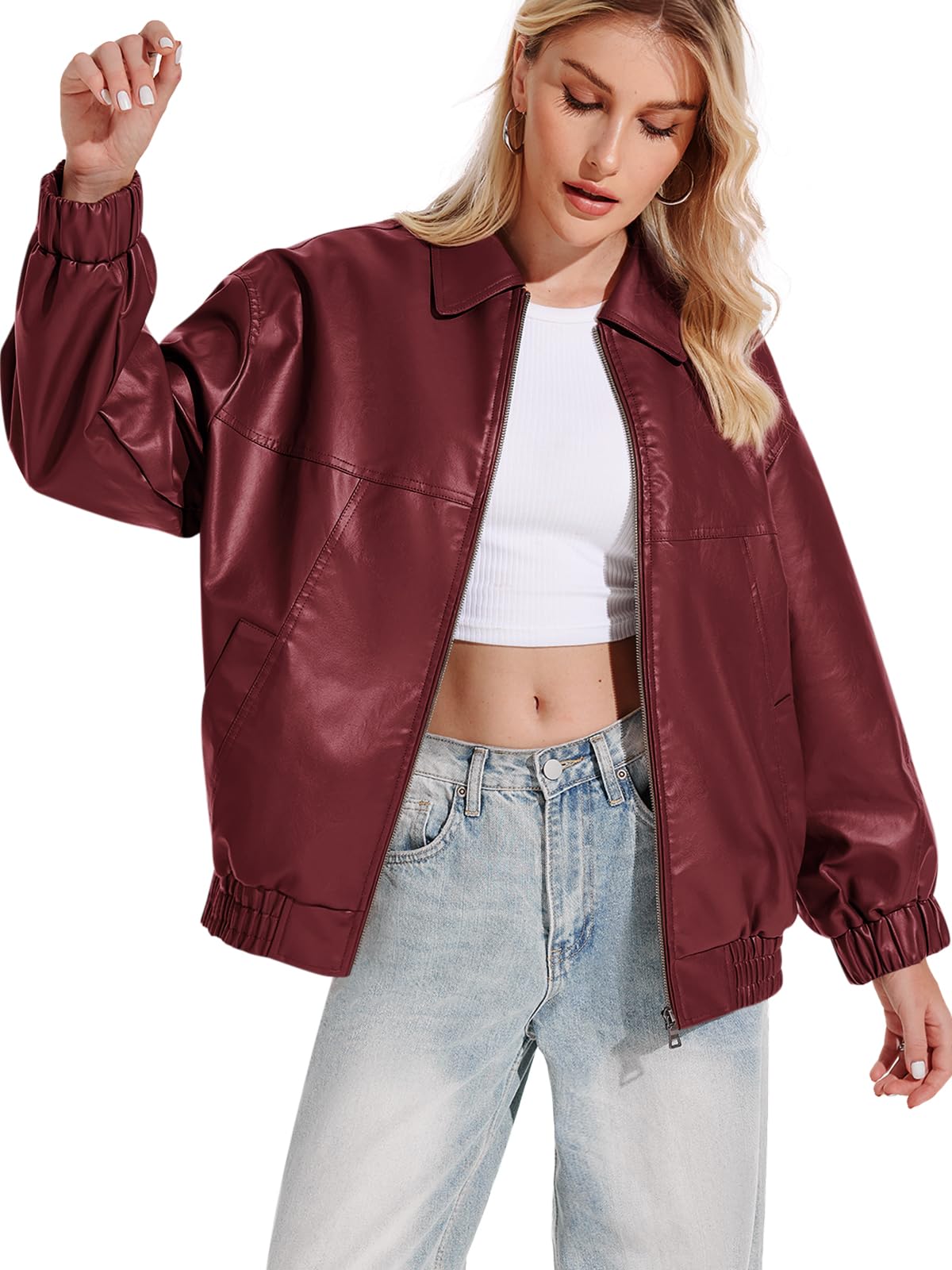 Yousify Women Leather Jacket Casual Long Sleeve Lapel Zip Up Bomber Jacket Classic Solid Color 2025 Fall Winter Clothing Wine Red M