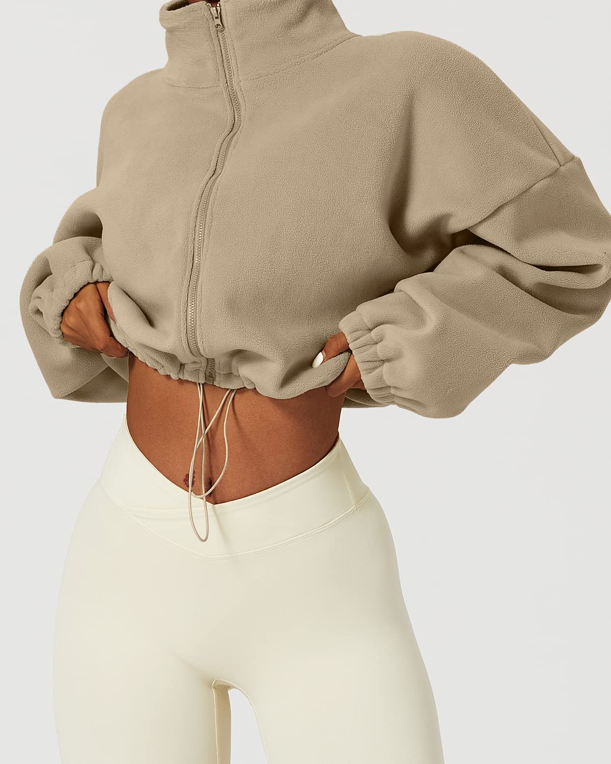 QINSEN Thick Fleece Sweatshirt Full Zip Stand Collar Winter Crop Coat Long Sleeve Baggy Bomber Jacket Camel M