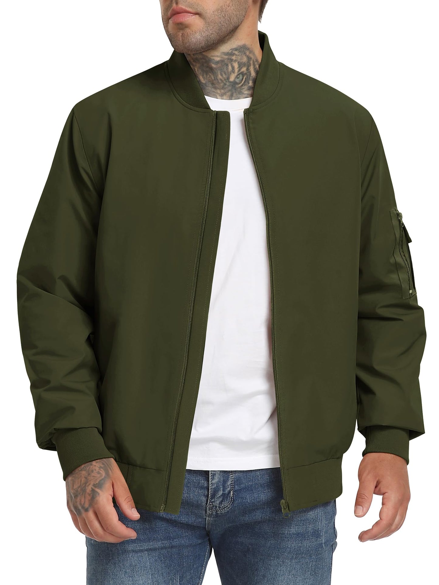 Mens Green Bomber Jackets Lightweight Casual Zip Coats Jackets Outwear