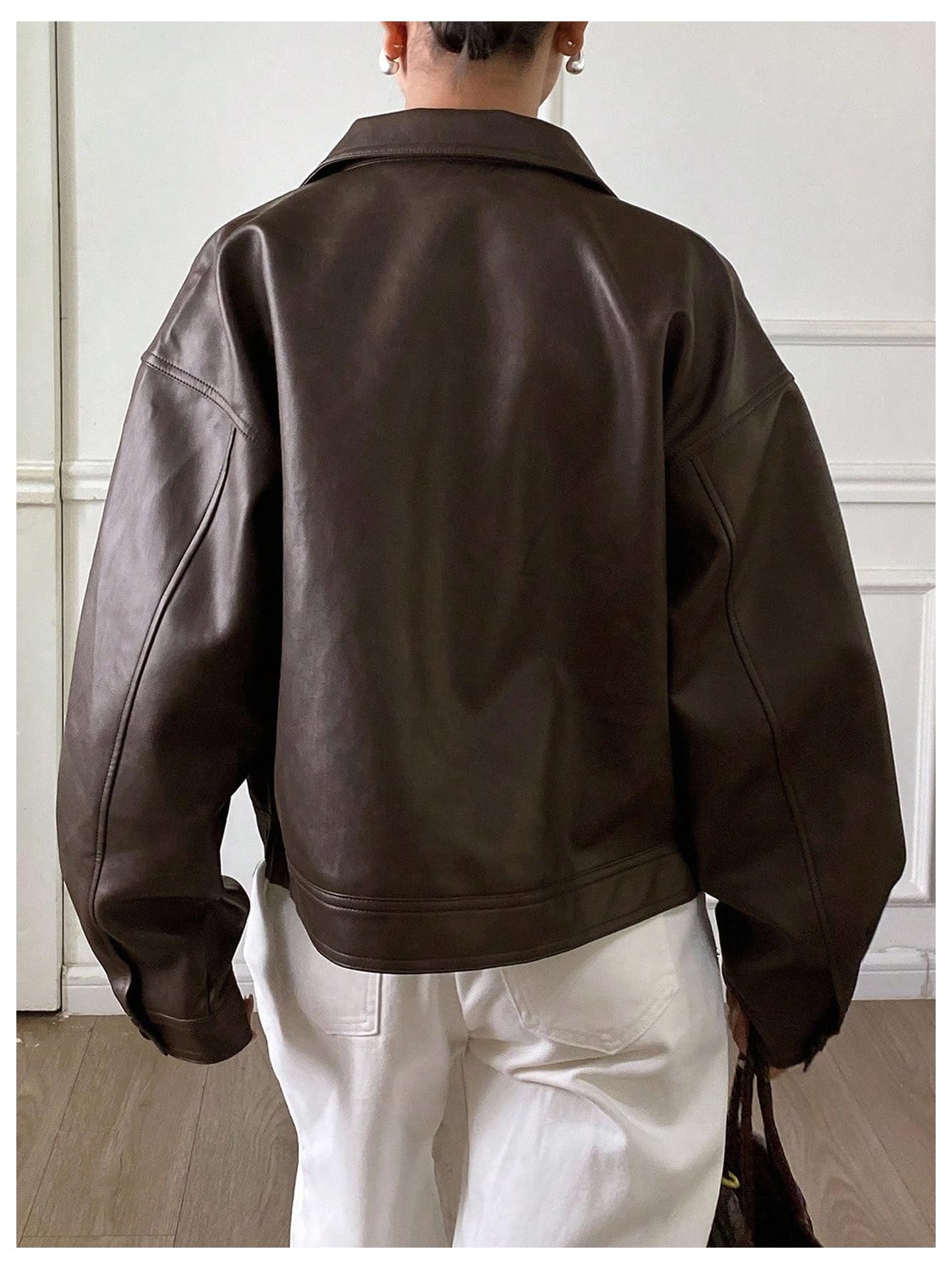 Milumia Women's Y2k Faux Leather Zip Up Jacket Lapel Collar Long Sleeve Motorcycle Jackets with Pockets Brown Large