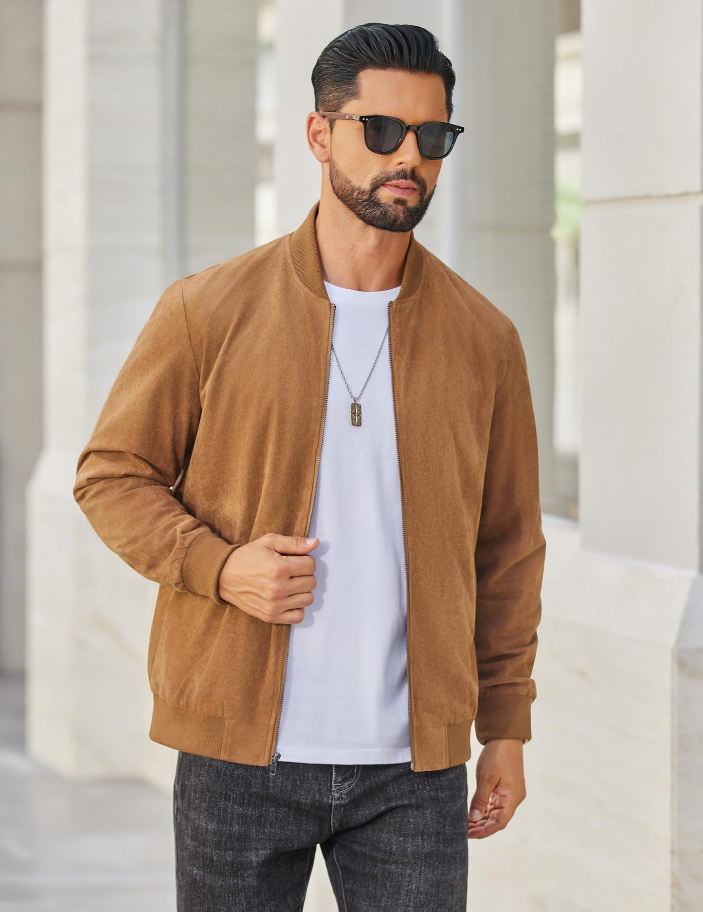 COOFANDY Mens Suede Jackets Lightweight Bomber Jackets Casual Vintage Jackets Faux Leather, Light Brown, Medium