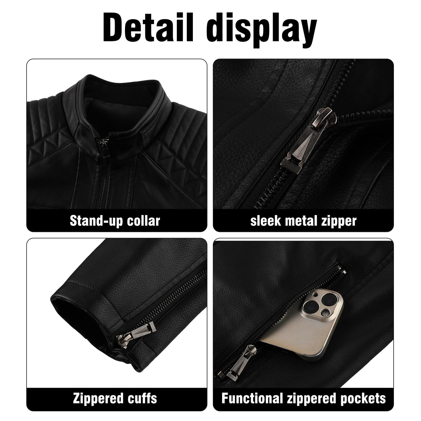 LEDUNTINO Men's Leather Jacket, Stand Collar PU Faux Leather, Zip-Up Motorcycle Bomber Jacket, Slim Fit Biker Coat Black Large