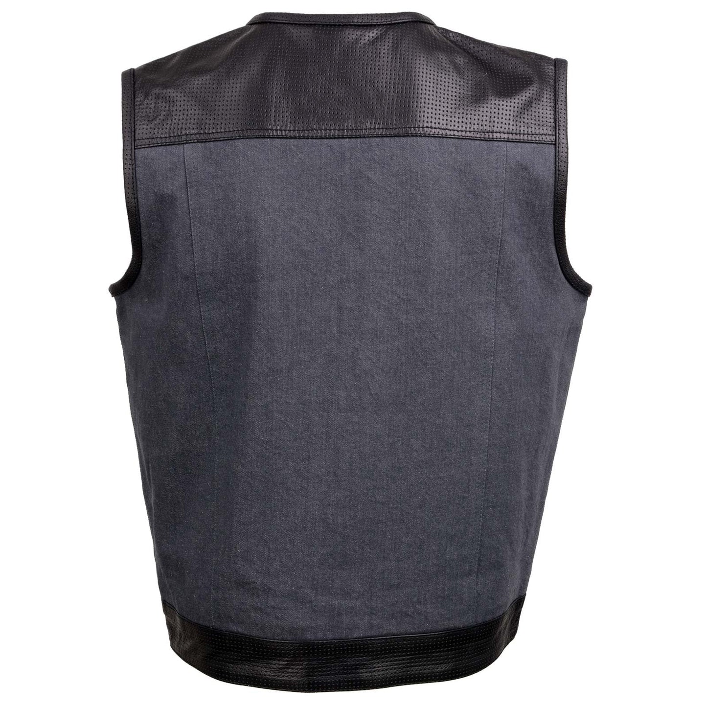 Milwaukee Leather MDM3005 Men's Brute Grey Denim w/Black Perforated Leather Club Style Vest w/Hidden Dual Closure - XXX-Large