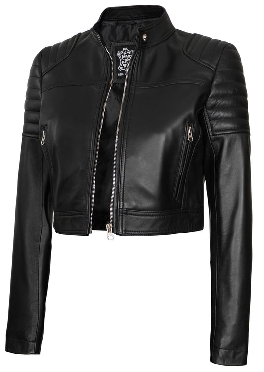 Decrum Cafe Racer Leather Motorcycle Jacket Women - Crop Leather Jackets For Womens | [1318831] Edna Black, XS
