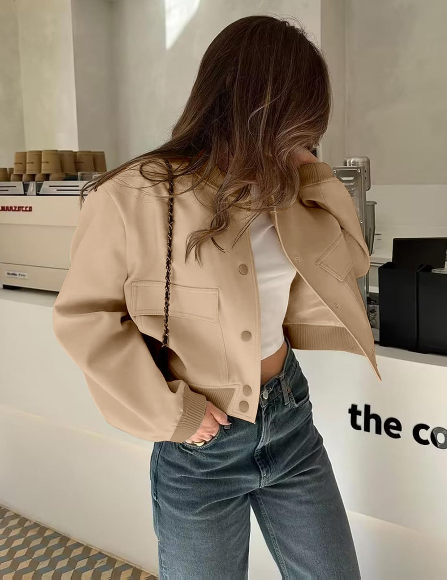 Zeagoo Ladies Jackets Cropped Bomber Shacket Stand Collared Coats Outerwear