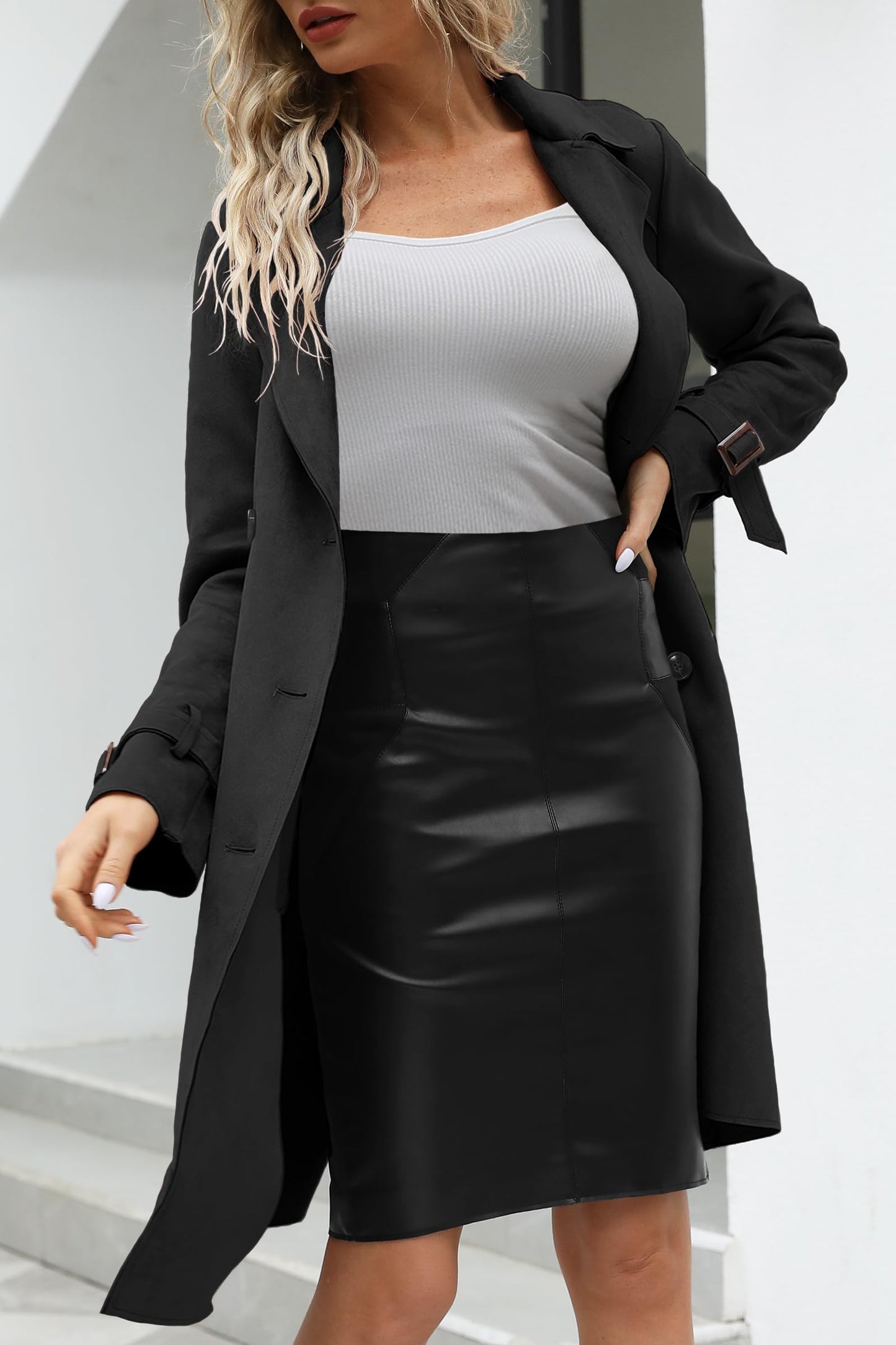 Bellivera Women's Faux Suede Leather Trench Coat Long Jacket, Lightweight Spring Windbreaker with Belt 18CLA Black M
