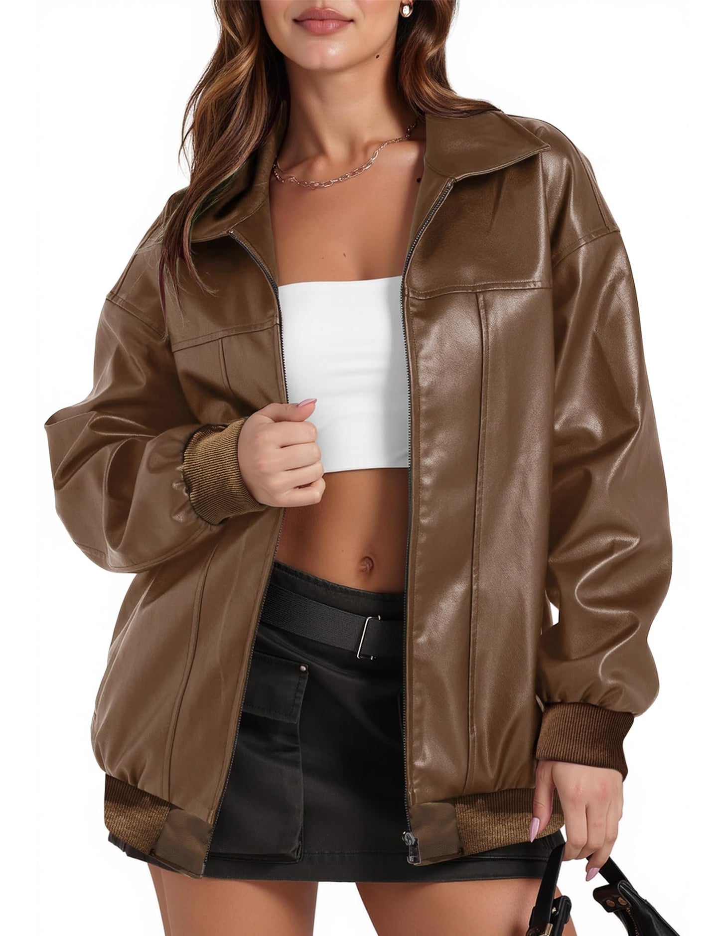 ZEXIGLAD Brown Leather Jacket Bomber Oversized Jackets Zip Up Long Sleeve Faux Suede Motorcycle Coats Fall Winter Outfits with Pocket Brown M