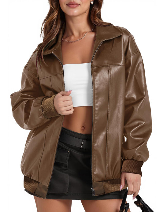 ZEXIGLAD Brown Leather Jacket Bomber Oversized Jackets Zip Up Long Sleeve Faux Suede Motorcycle Coats Fall Winter Outfits with Pocket Brown M