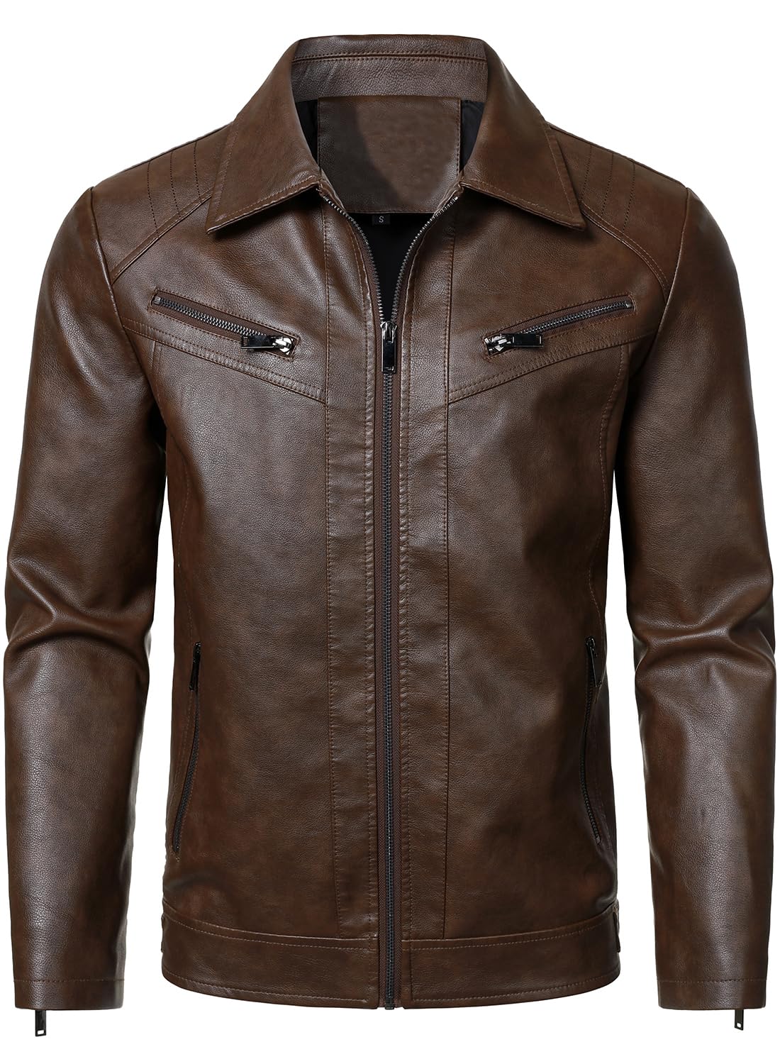 HOOD CREW Mens PU Leather Jacket Classic Style Turn Down Collar Faux Leather Biker Jackets Coffee L