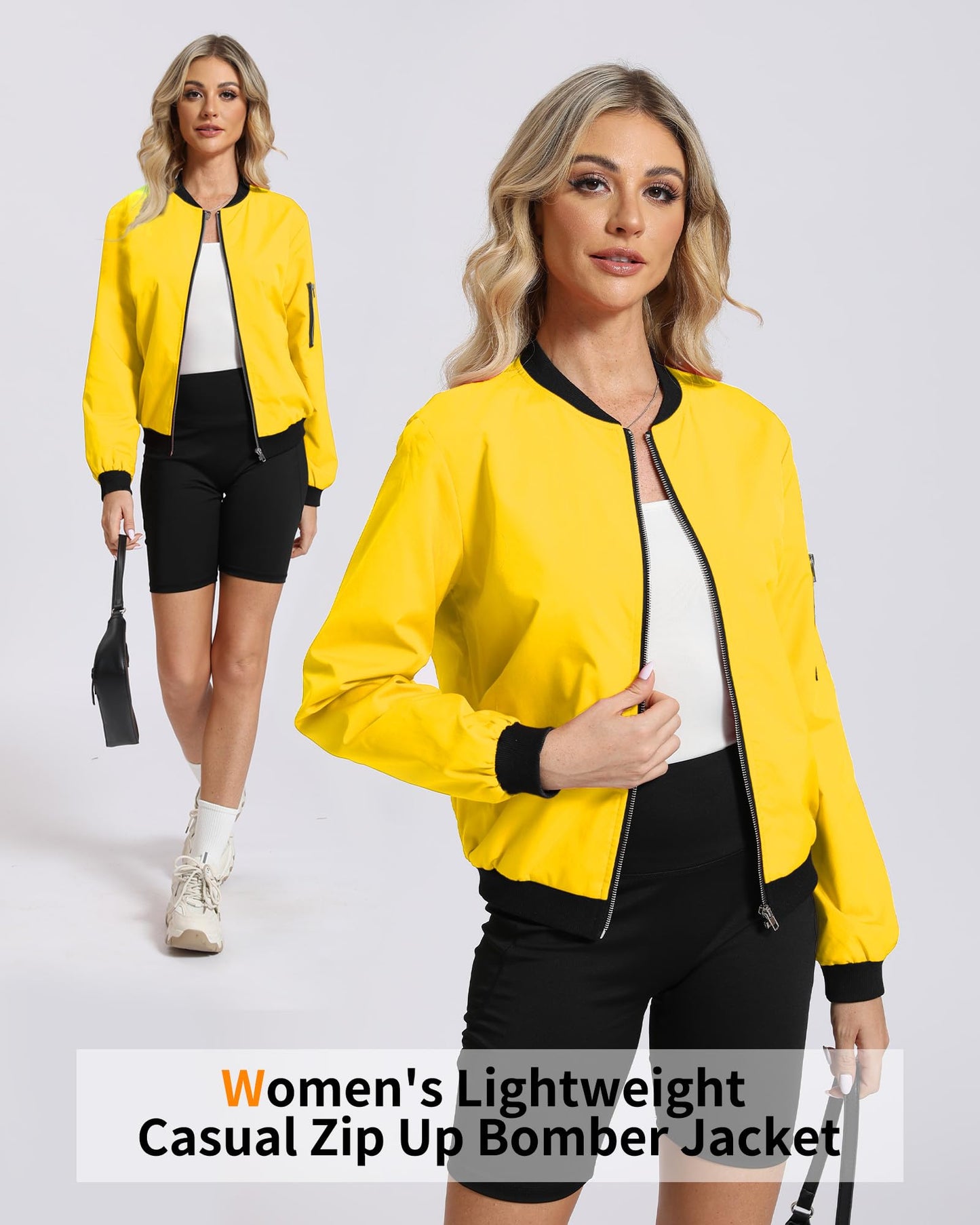 Argstar Women's Bomber Jacket Lightweight Casual Zip Up Outerwear Windbreaker with Pockets Yellow L