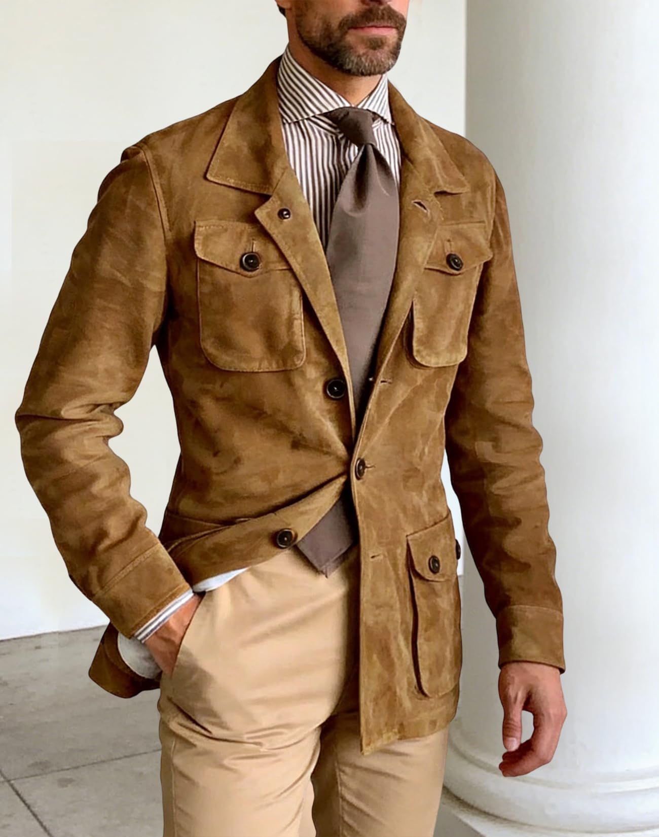 Mens Suede Leather Blazer 3 Button Sport Coats Western Jacket for Wedding Prom Brown
