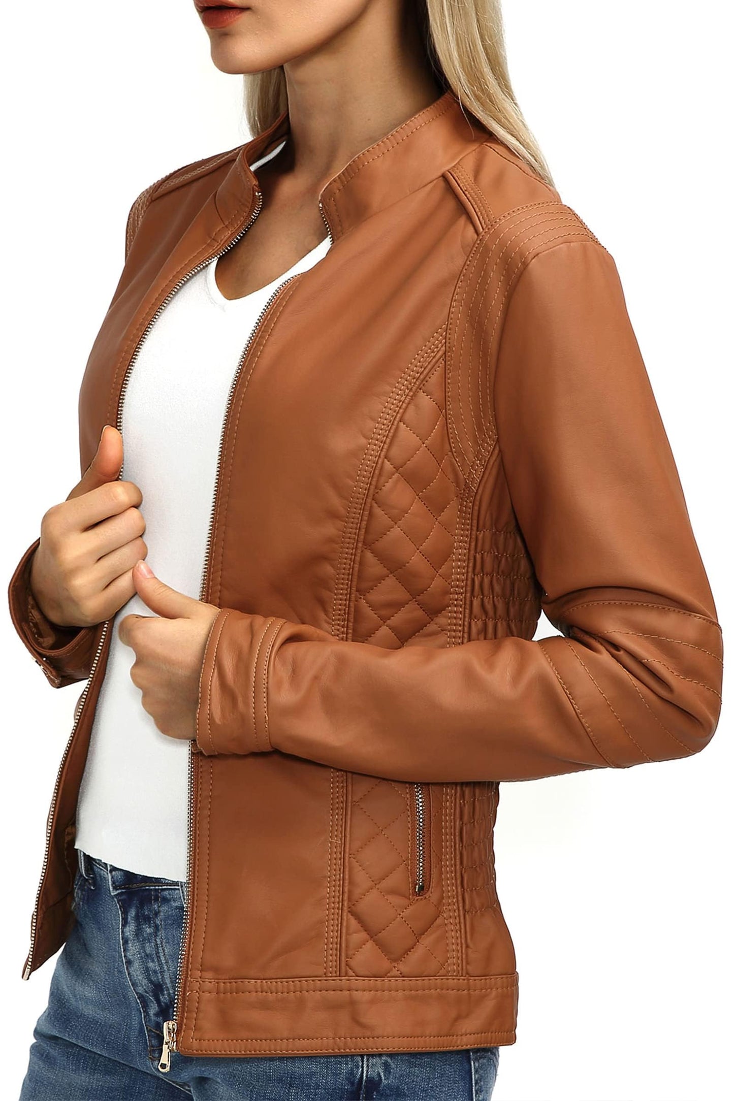 Bellivera Faux Leather Women Motorcycle Stand Collar Jacket Brown L
