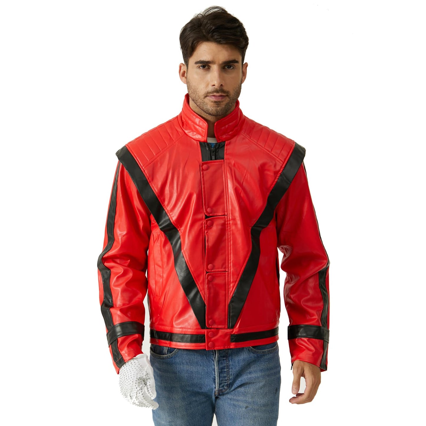 Ciguo Men's Red and Black Leather Jacket Cosplay PU Coat (Red,Medium)