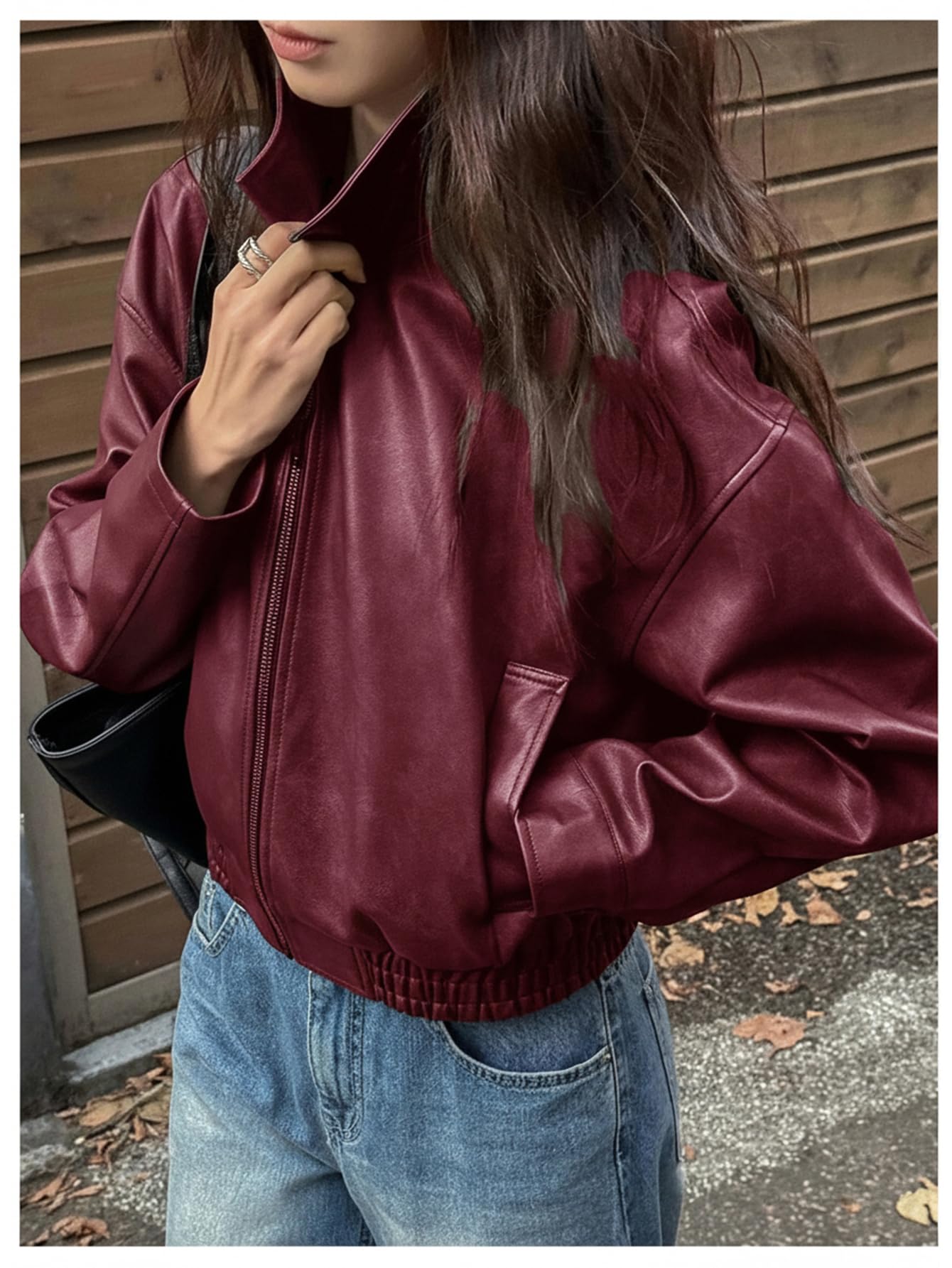 Milumia Women's Faux Leather Zip Up Jacket Vintage Collared Long Sleeve Motorcycle Jackets Dark Red Medium