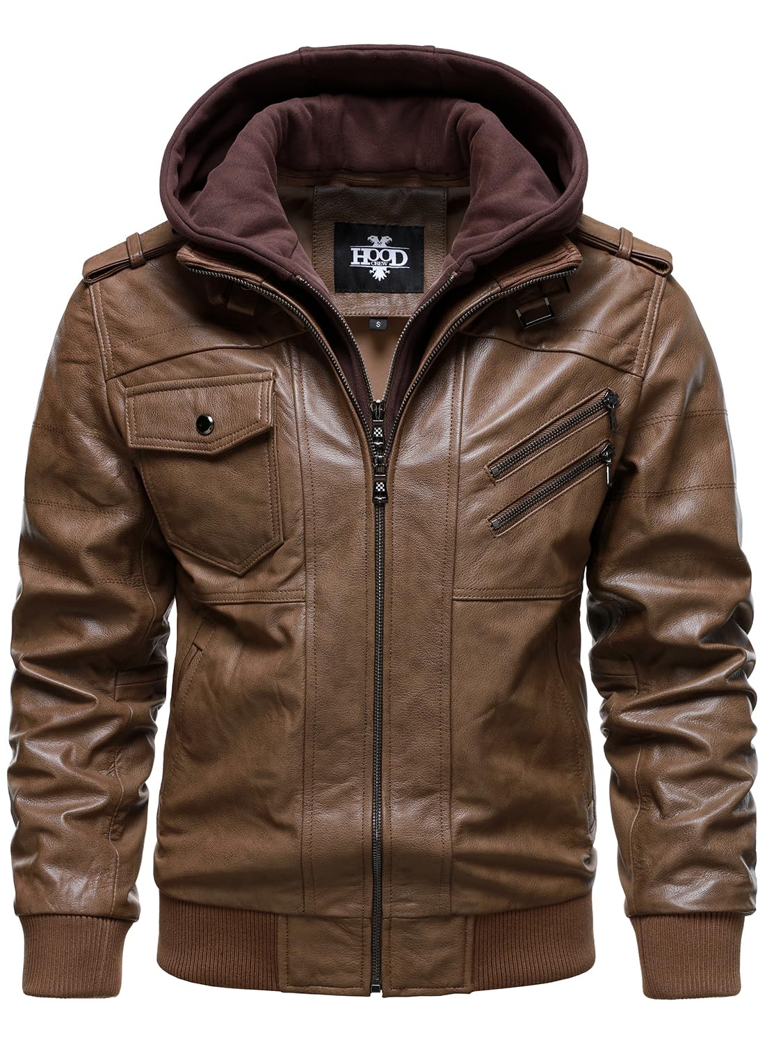 HOOD CREW Men’s Genuine Cowhide Leather Jacket Black Hooded Motorcycle Biker Jacket for Men