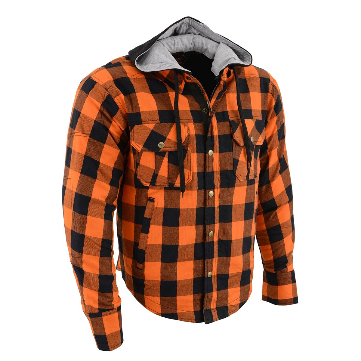 Milwaukee Leather Men’s Titans Orange & Black Plaid Hooded Riding Shirt w/CE Armor & Aramid Fiber Panels - MPM1642 - Large