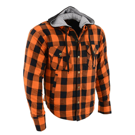 Milwaukee Leather Men’s Titans Orange & Black Plaid Hooded Riding Shirt w/CE Armor & Aramid Fiber Panels - MPM1642 - Large