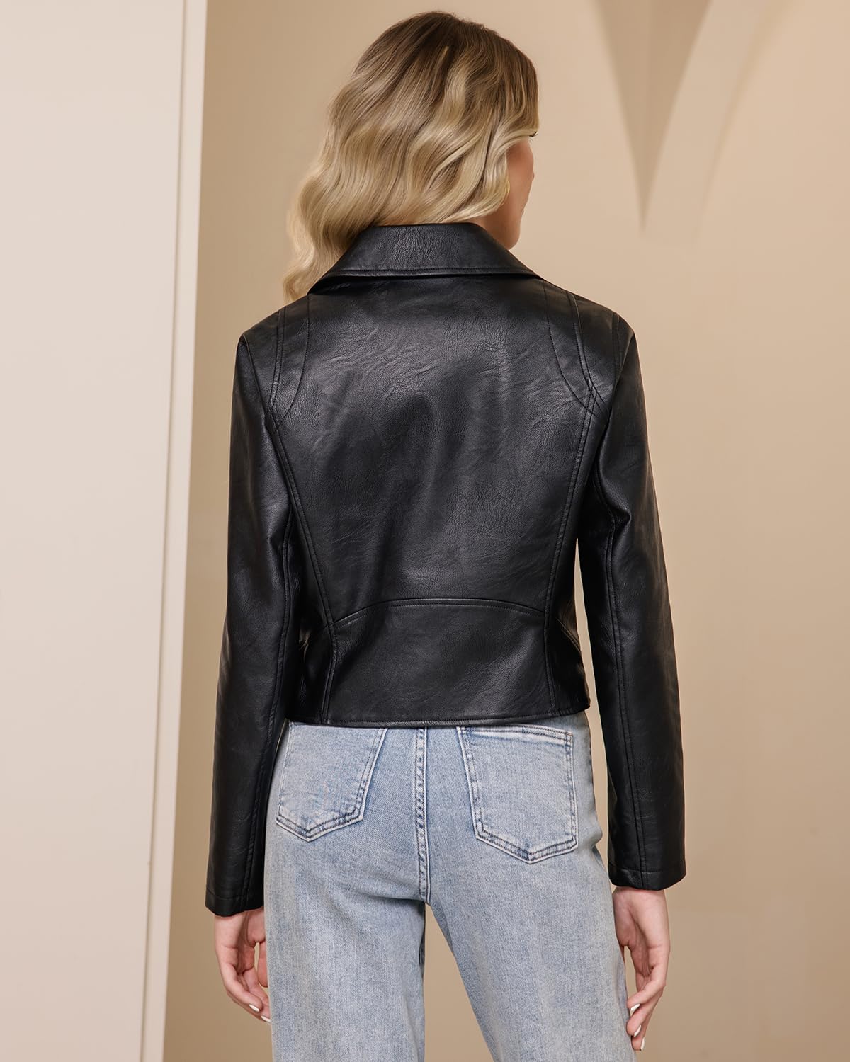 WYOYW Faux Leather Jacket For Women PU Cropped Moto Biker Coat Zip Up Slim Motorcycle Jacket Black S
