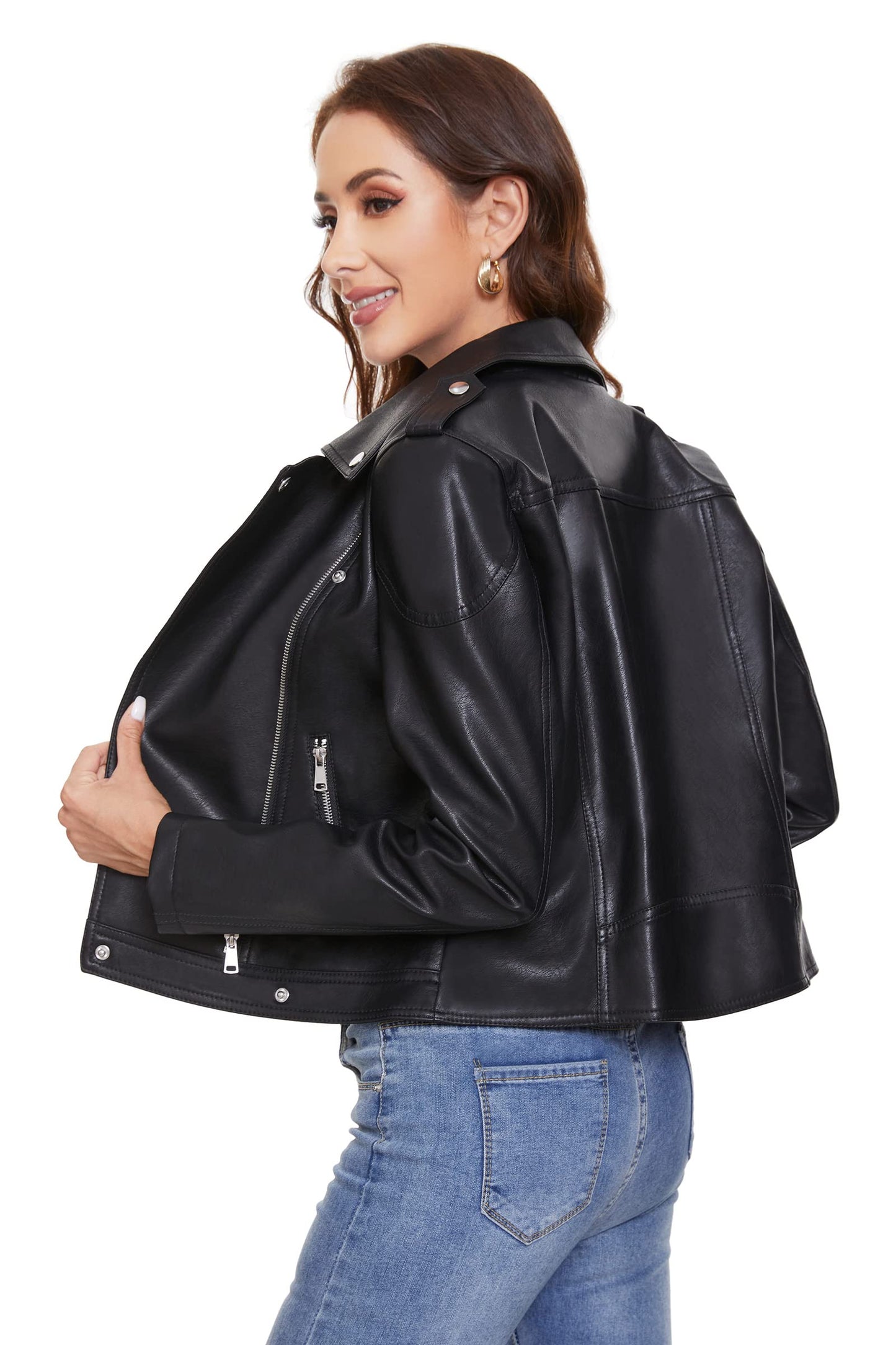 Fahsyee Women's Faux Leather Jackets, Zip Up Motorcycle Short PU Moto Biker Outwear Fitted Slim Coat Black Size M