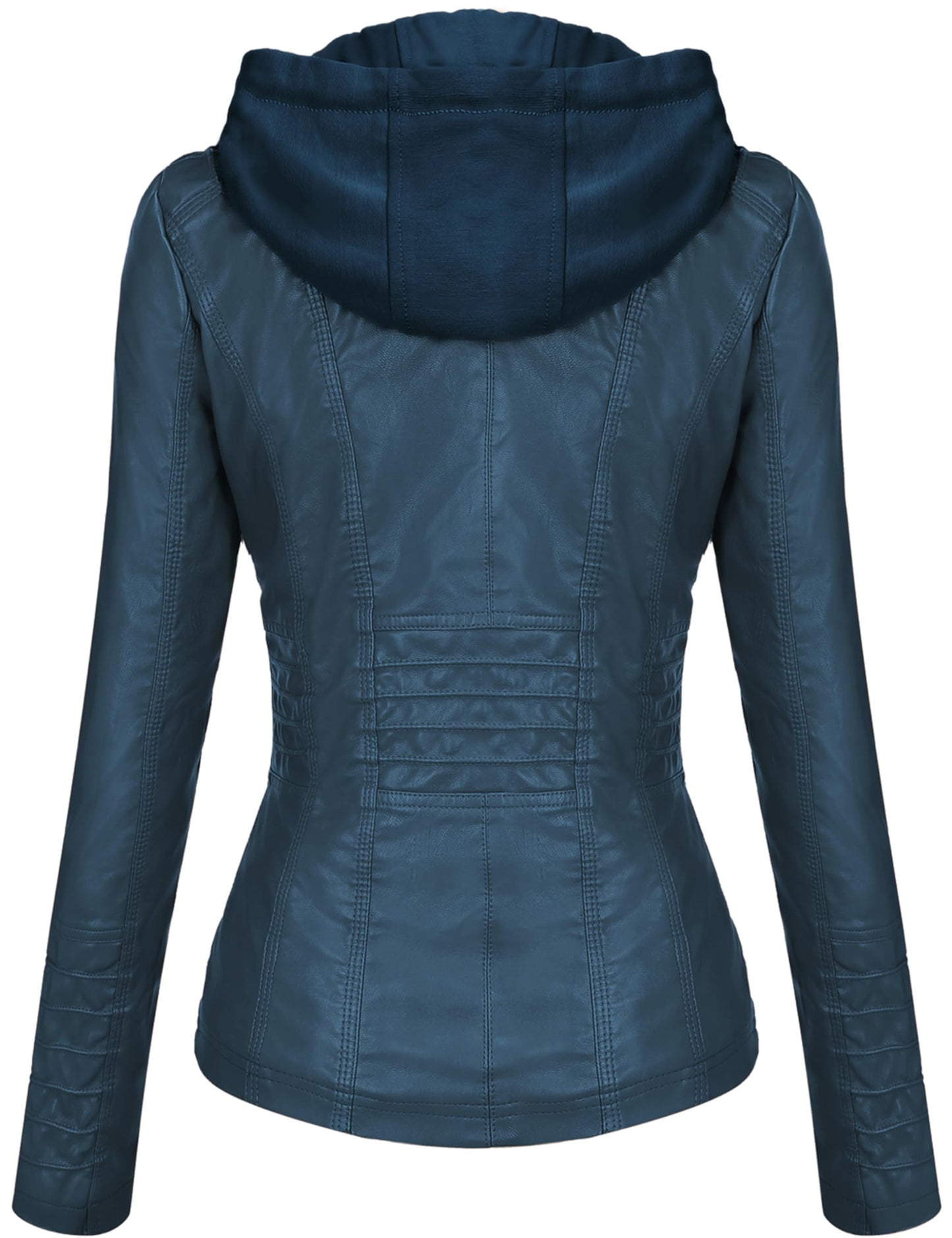 Springrain Women's Faux Leather Jacket Moto Biker Coat with Detachable Hood Motorcycle Jacket (S, Blue)