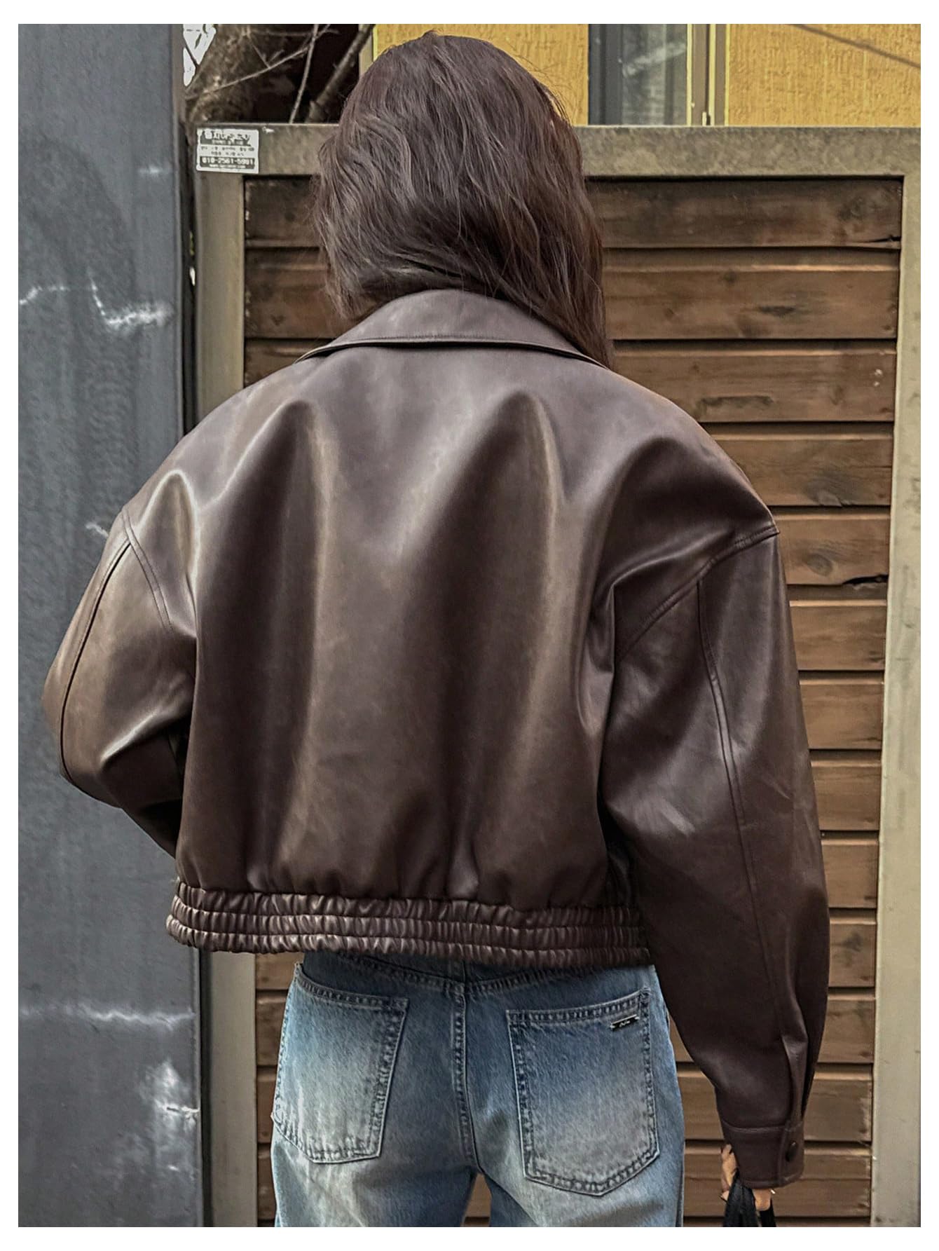 Milumia Women's Faux Leather Zip Up Jacket Vintage Collared Long Sleeve Motorcycle Jackets Brown Small