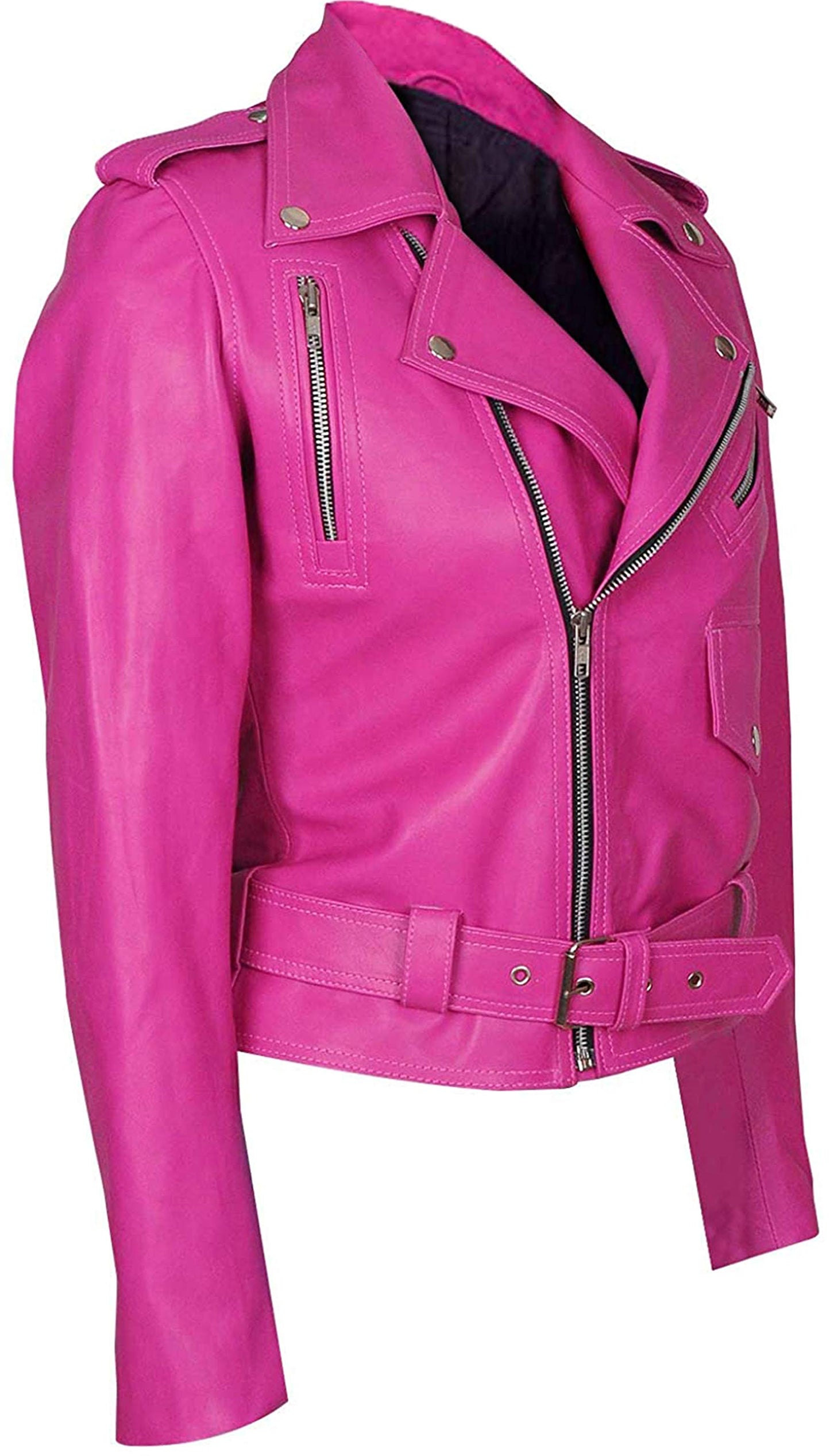 LP-FACON Womens Hot Pink Real Leather Jacket Motorcycle Brando Biker Genuine Leather Jacket