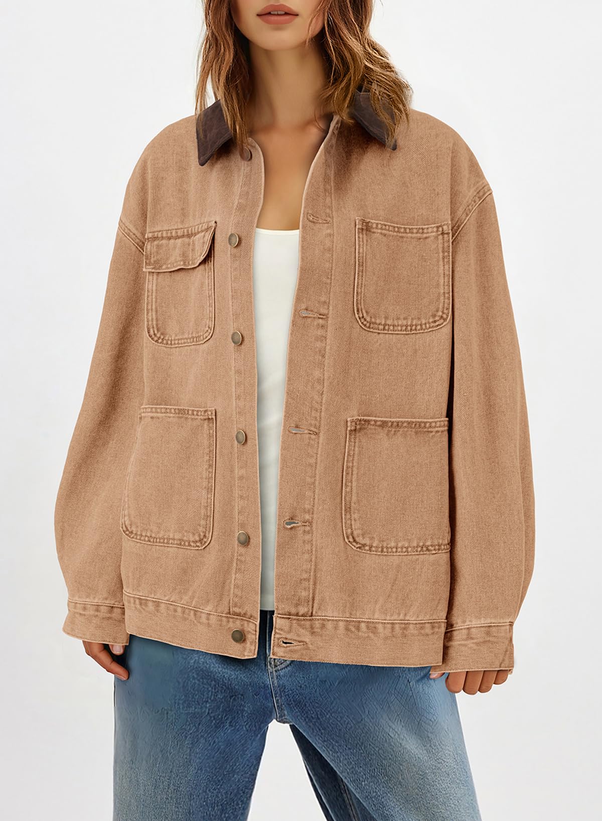 Dokotoo Denim Jacket For Women Casual Trucker Jean Barn Jackets For Women Basic Long Sleeve Denim Jackets Trendy Winter Clothing Barn Coat With Color Block Collar Brown XL