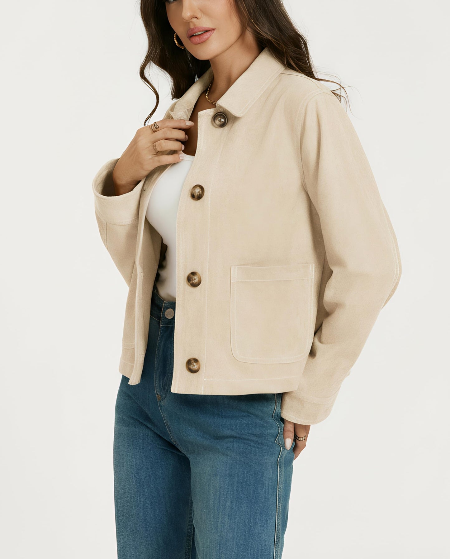 Ladyful Womens Faux Suede Bomber Jacket Cropped Dressy Fall Casual Button Down Leather Coat Outerwear