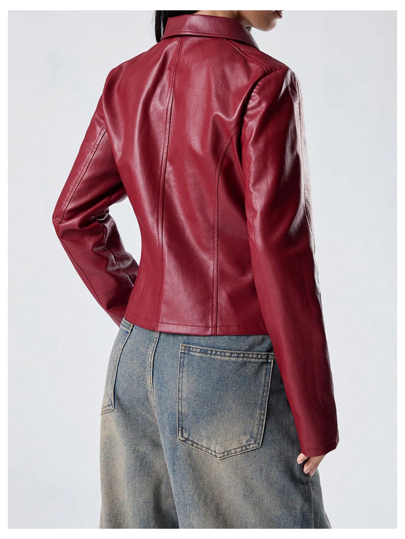 MakeMeChic Women's Cropped Faux Leather Jacket Long Sleeve Zip Up Vintage Biker Motorcycle Concert Coats Burgundy Large