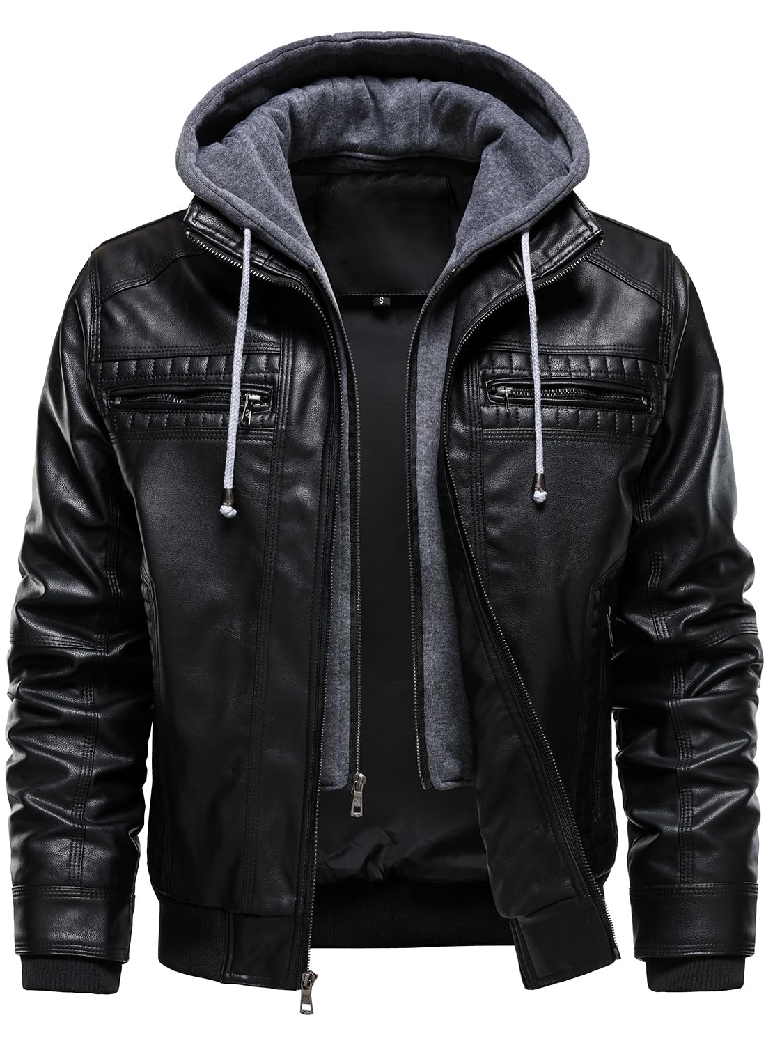 HOOD CREW Men Faux Leather Jacket with Detachable Hood Casual Motorcycle Bomber Jackets Outerwear Black L
