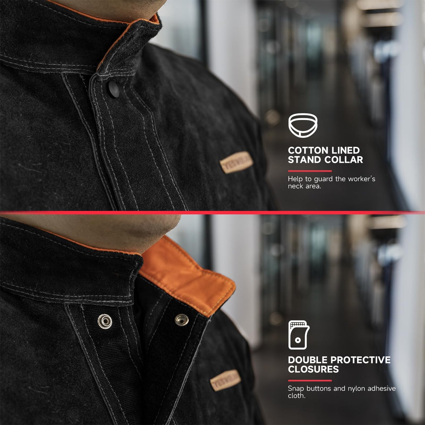 YESWELDER Black Leather Welding Jacket for Men Women, Heavy Duty Welder Jacket, Heat Flame Resistant Welding Coat, L