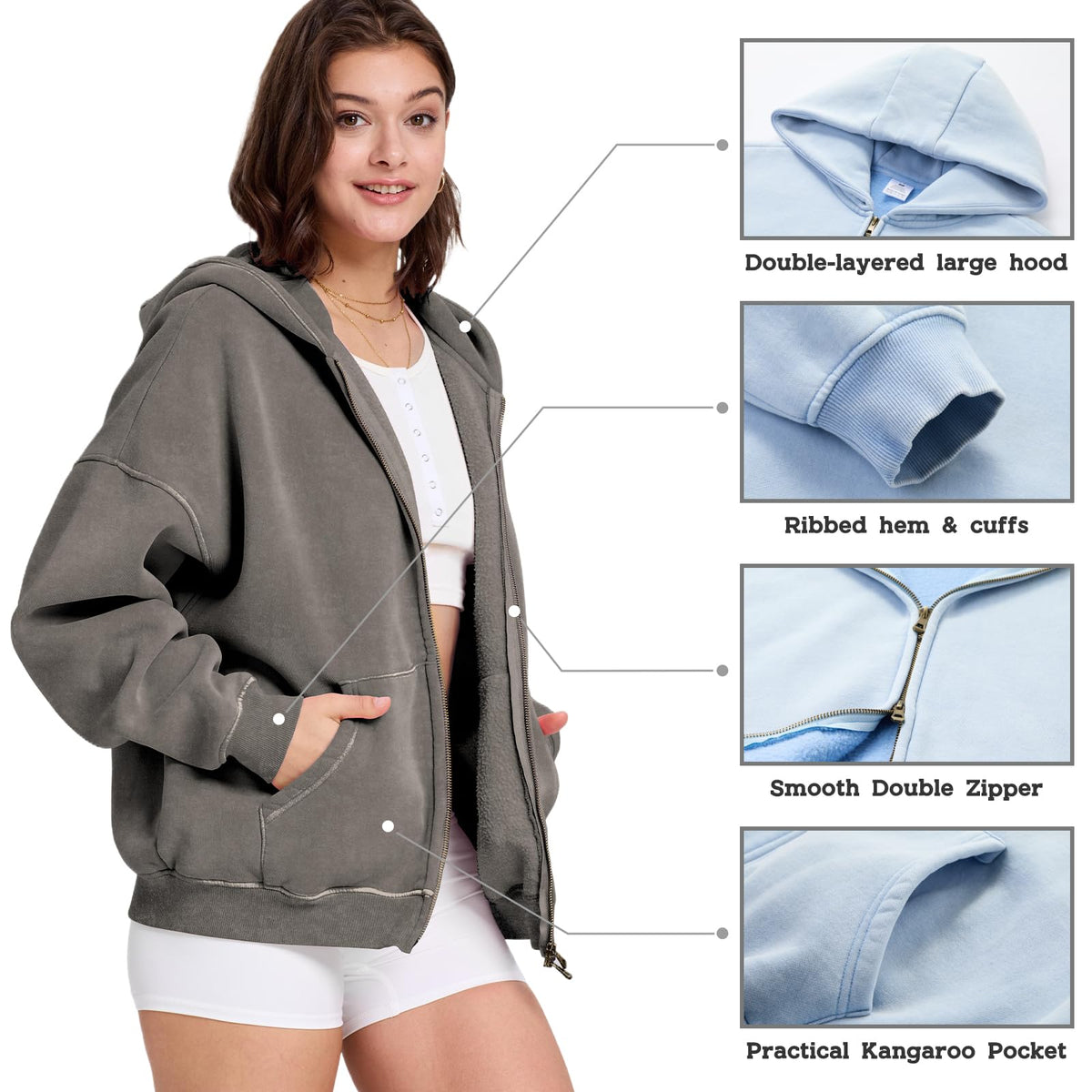Dnzzs Womens Zip Up Hoodie Oversized Acid Wash Sweatshirts Heavyweight Fall Fashion Outfits Casual Jackets Winter Clothes,Grey,Medium