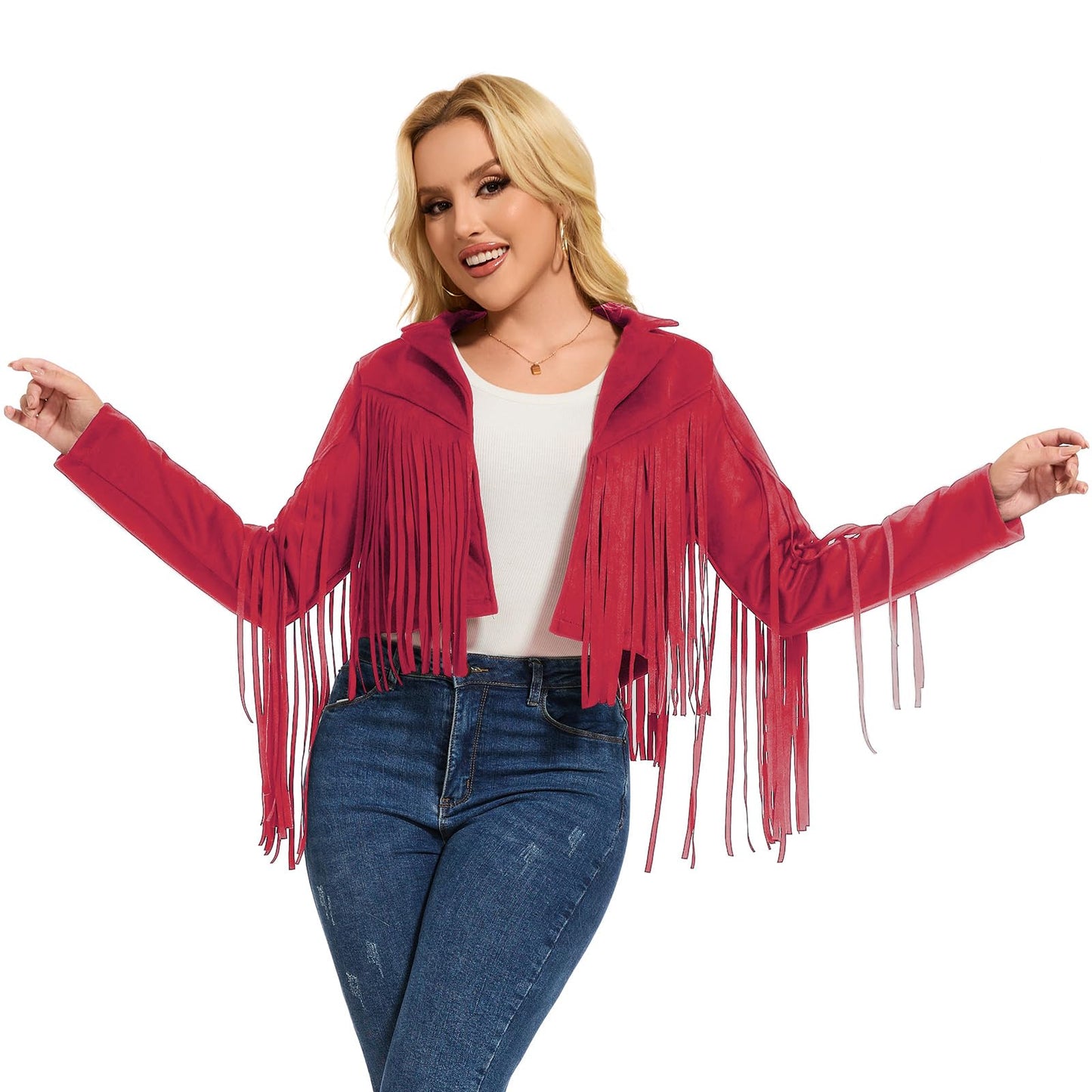 ATAMET 70s Women's Fringe Jackets Faux Suede Leather 60s Party Clothes, Halloween 2025 Fashion Tassel Motorcycle Coats (US, Alpha, 3X-Large, Regular, Regular, Cowgirl Red)