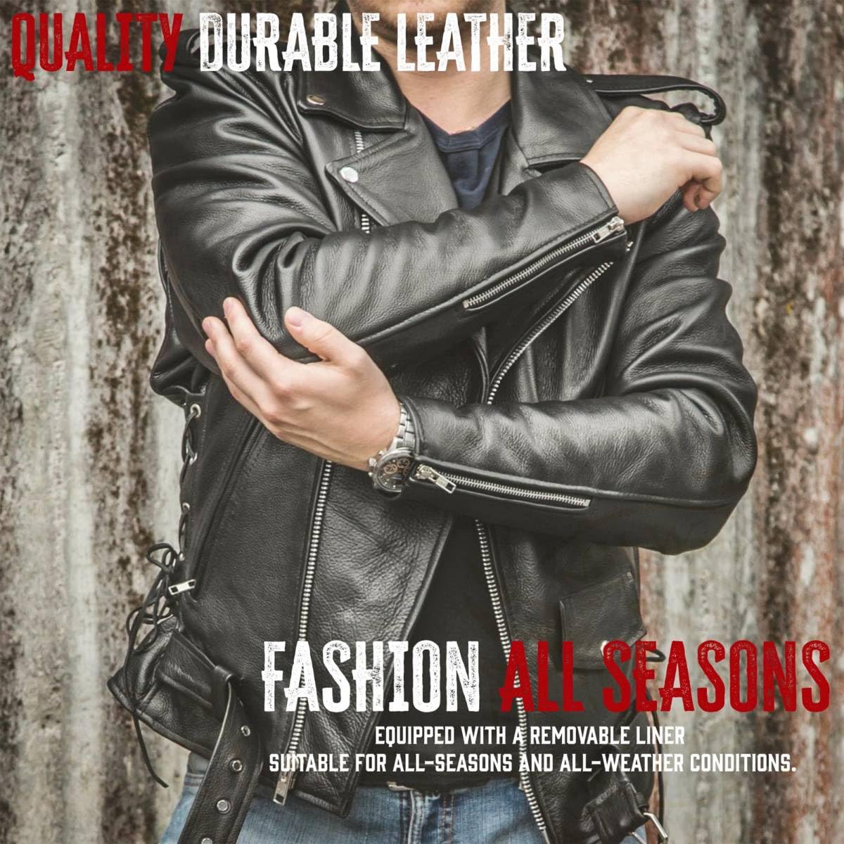 Milwaukee Leather SH1011 Men's Classic Brando Premium Leather Black Motorcycle Riders Leather Jacket w/Side Laces - Medium