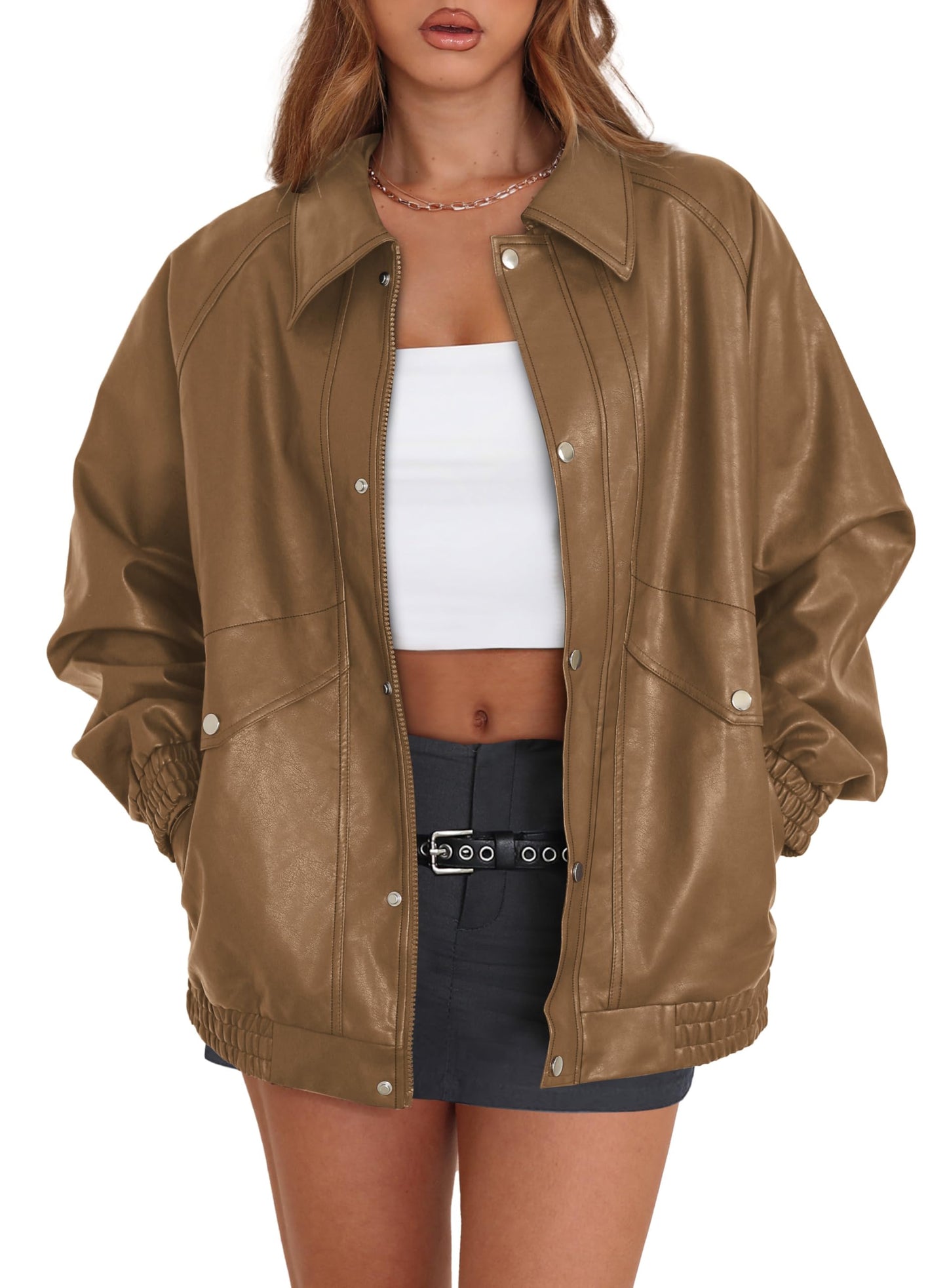 XIEERDUO Winter Jackets for Women Fuax Leather Fall Tops 2025 Button Zip Up Motorcycle Oversized Coats Womens Fashion Khaki L