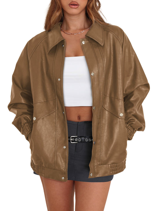 XIEERDUO Winter Jackets for Women Fuax Leather Fall Tops 2025 Button Zip Up Motorcycle Oversized Coats Womens Fashion Khaki L