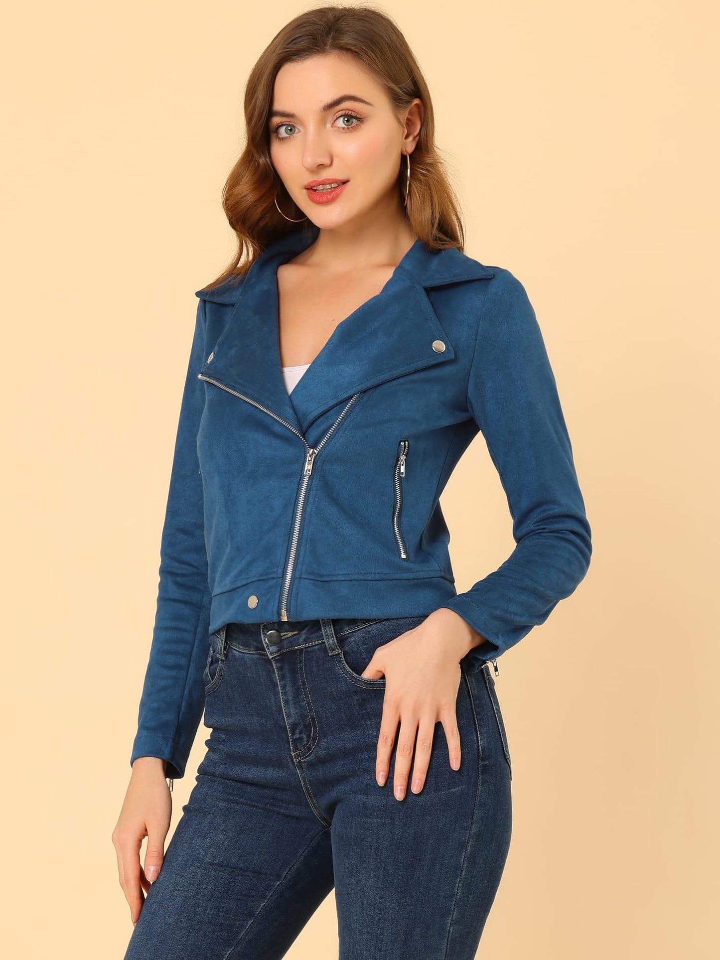 Allegra K Women Short Soft Zip Up Faux Suede Biker Moto Jacket Small Royal Blue